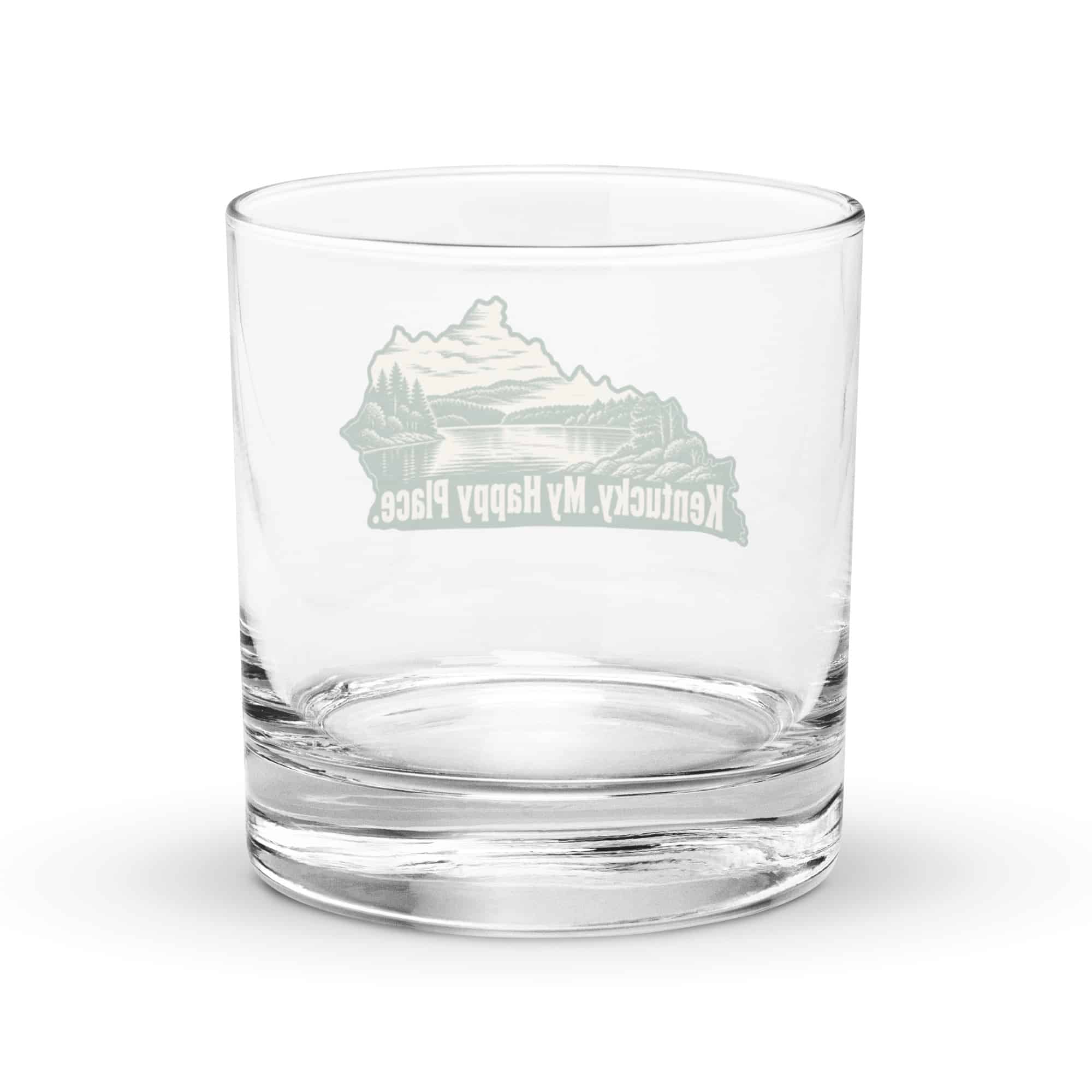 Kentucky Rocks Glass: Lake with wooded shoreline, Woodcut Kentucky Silhouette