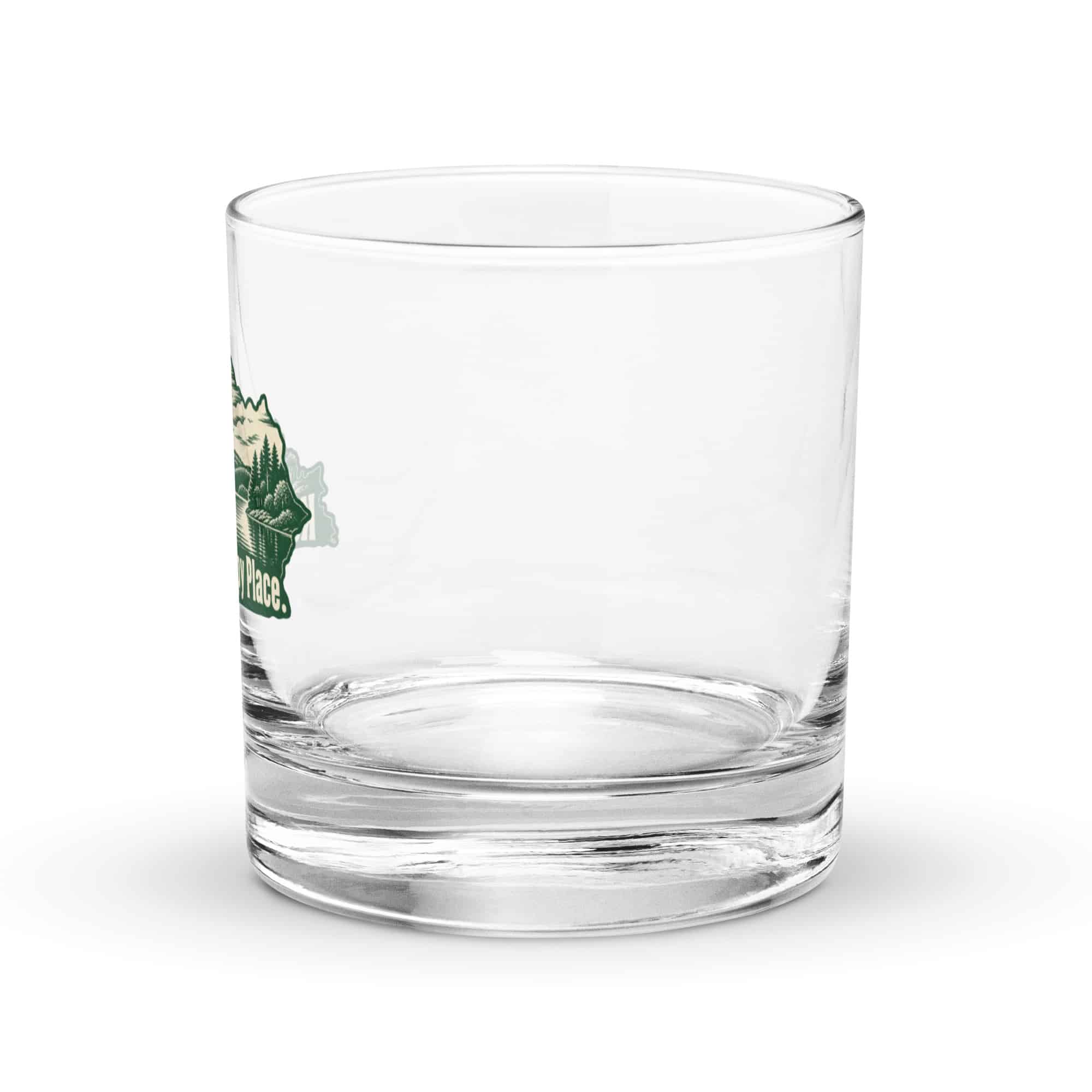 Kentucky Rocks Glass: Lake with wooded shoreline, Woodcut Kentucky Silhouette