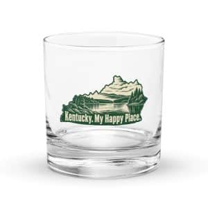 Kentucky Rocks Glass: Lake with wooded shoreline, Woodcut Kentucky Silhouette - 10.5 oz - Main