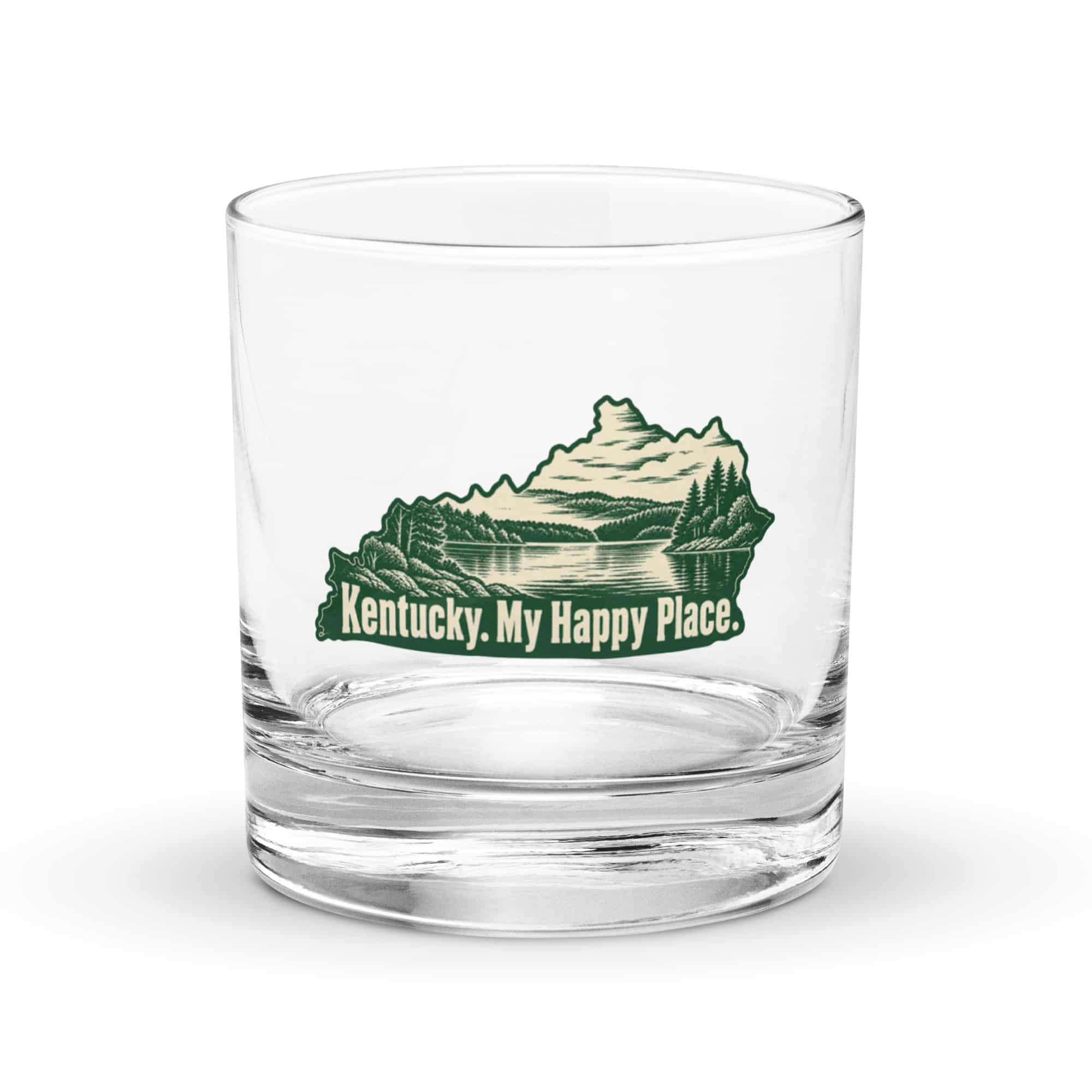 Kentucky Rocks Glass: Lake with wooded shoreline, Woodcut Kentucky Silhouette