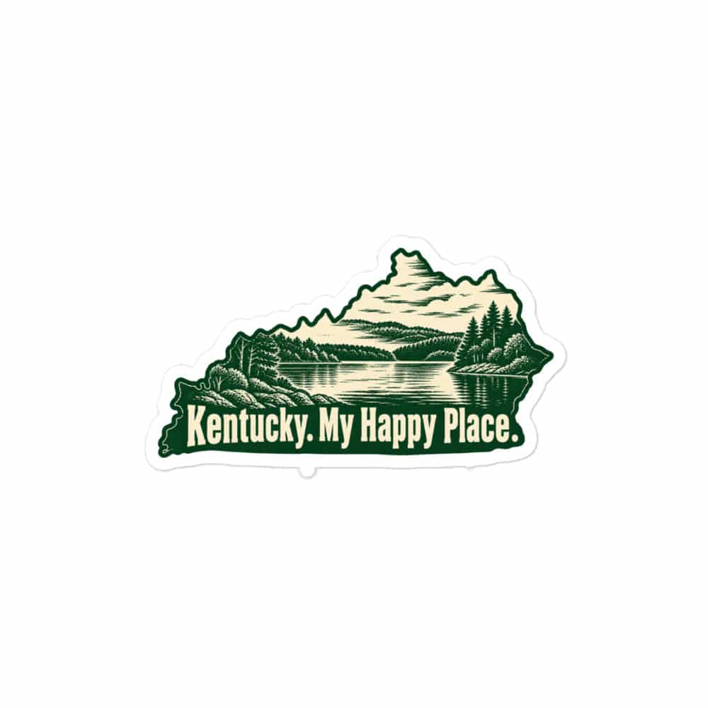 Kentucky Vinyl Sticker: Lake with wooded shoreline, Woodcut Kentucky Silhouette