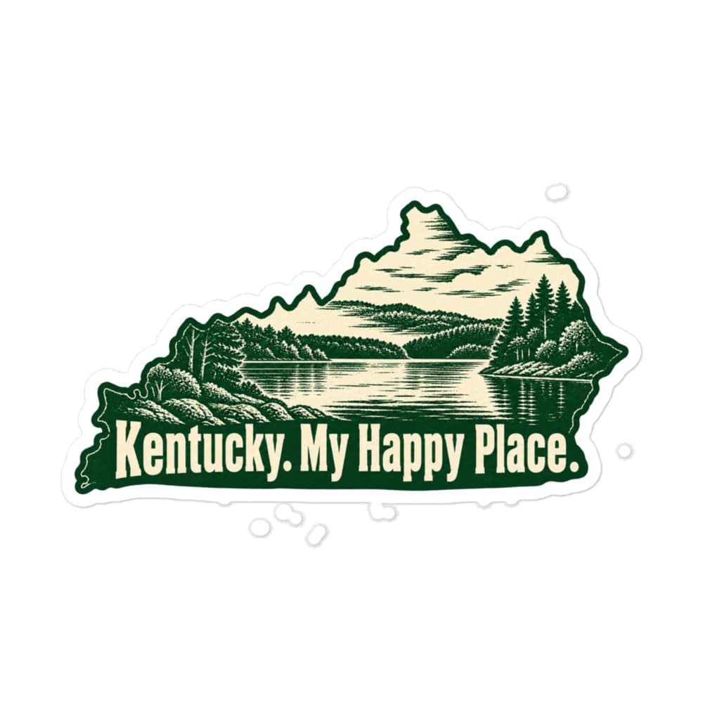 Kentucky Vinyl Sticker: Lake with wooded shoreline, Woodcut Kentucky Silhouette