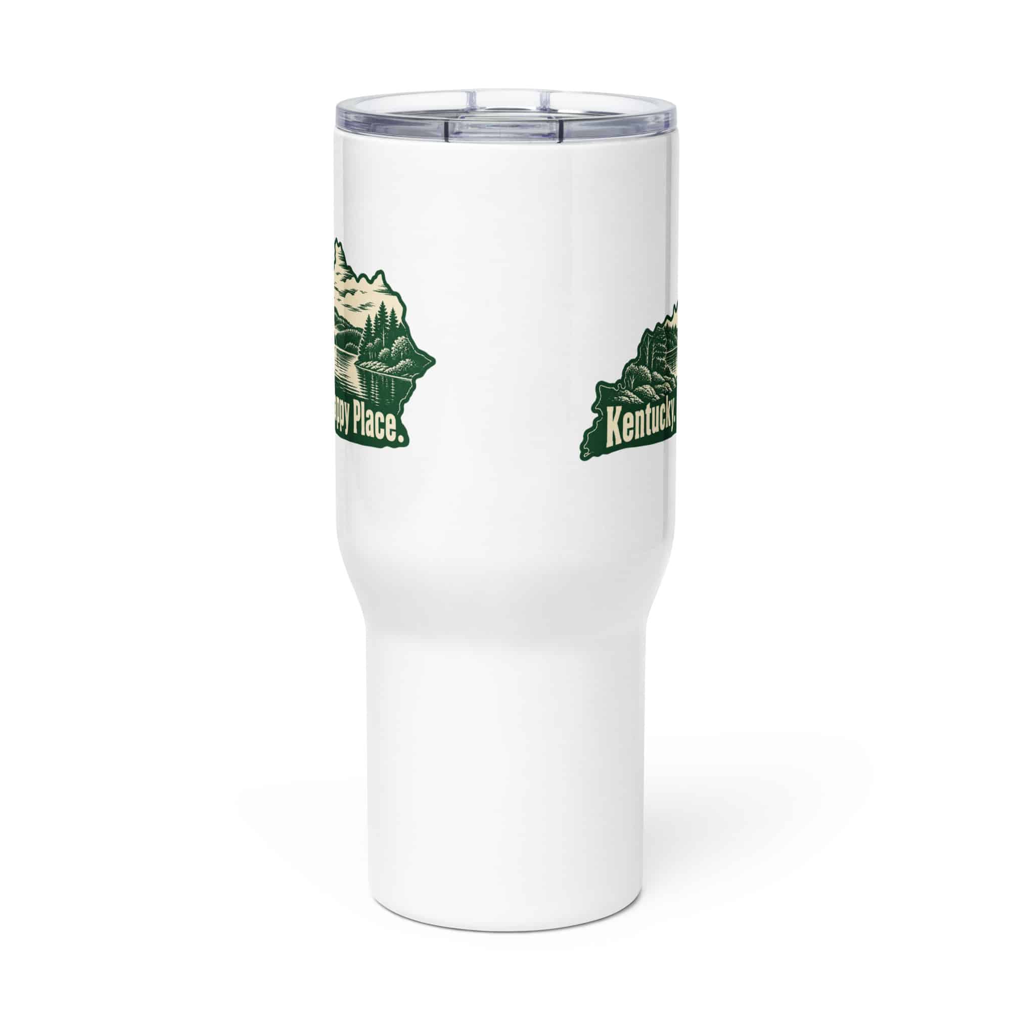 Kentucky Travel Mug: Lake with wooded shoreline, Woodcut Kentucky Silhouette