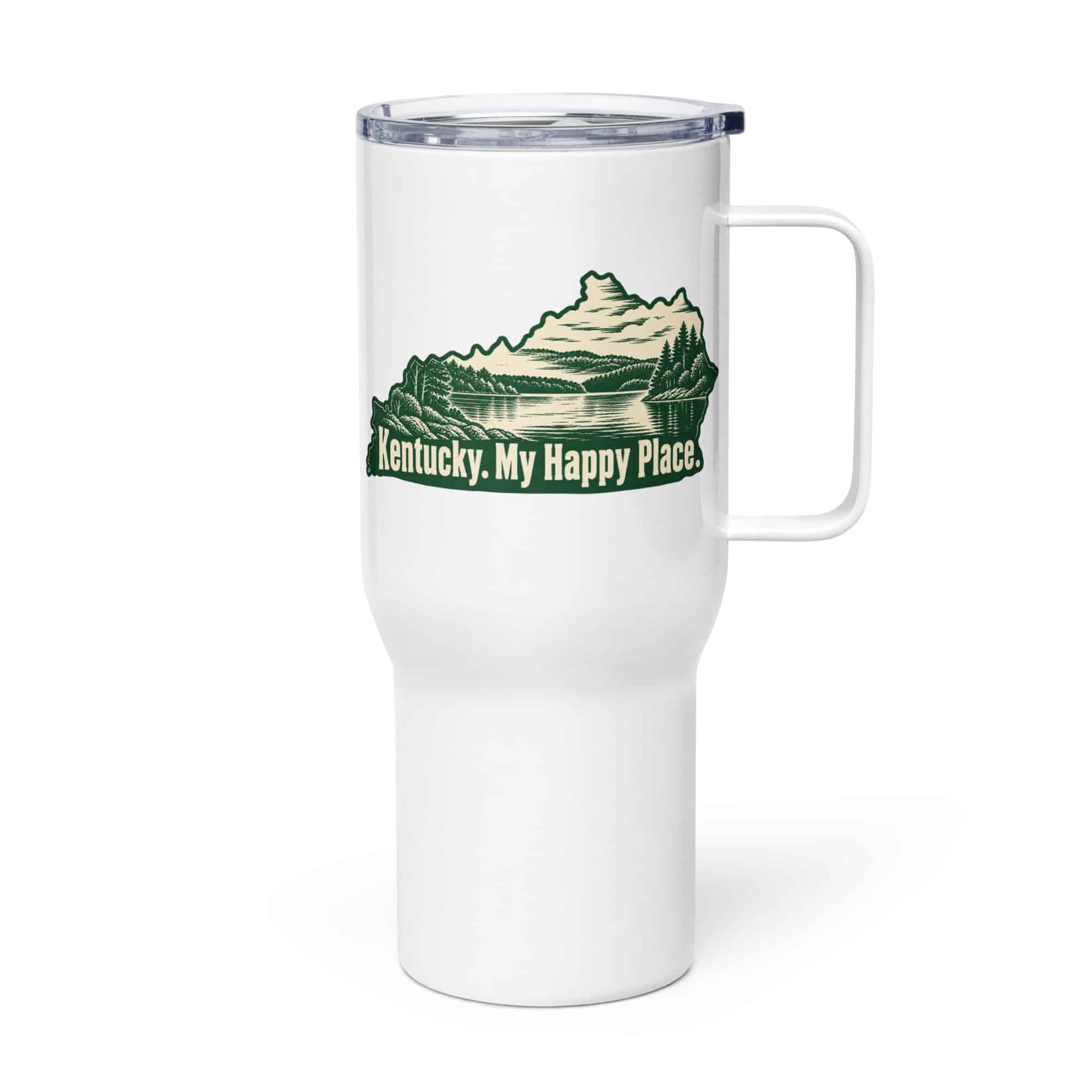 Kentucky Travel Mug: Lake with wooded shoreline, Woodcut Kentucky Silhouette