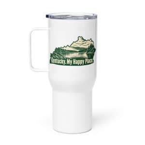 Kentucky Travel Mug: Lake with wooded shoreline, Woodcut Kentucky Silhouette - 25 oz - Main