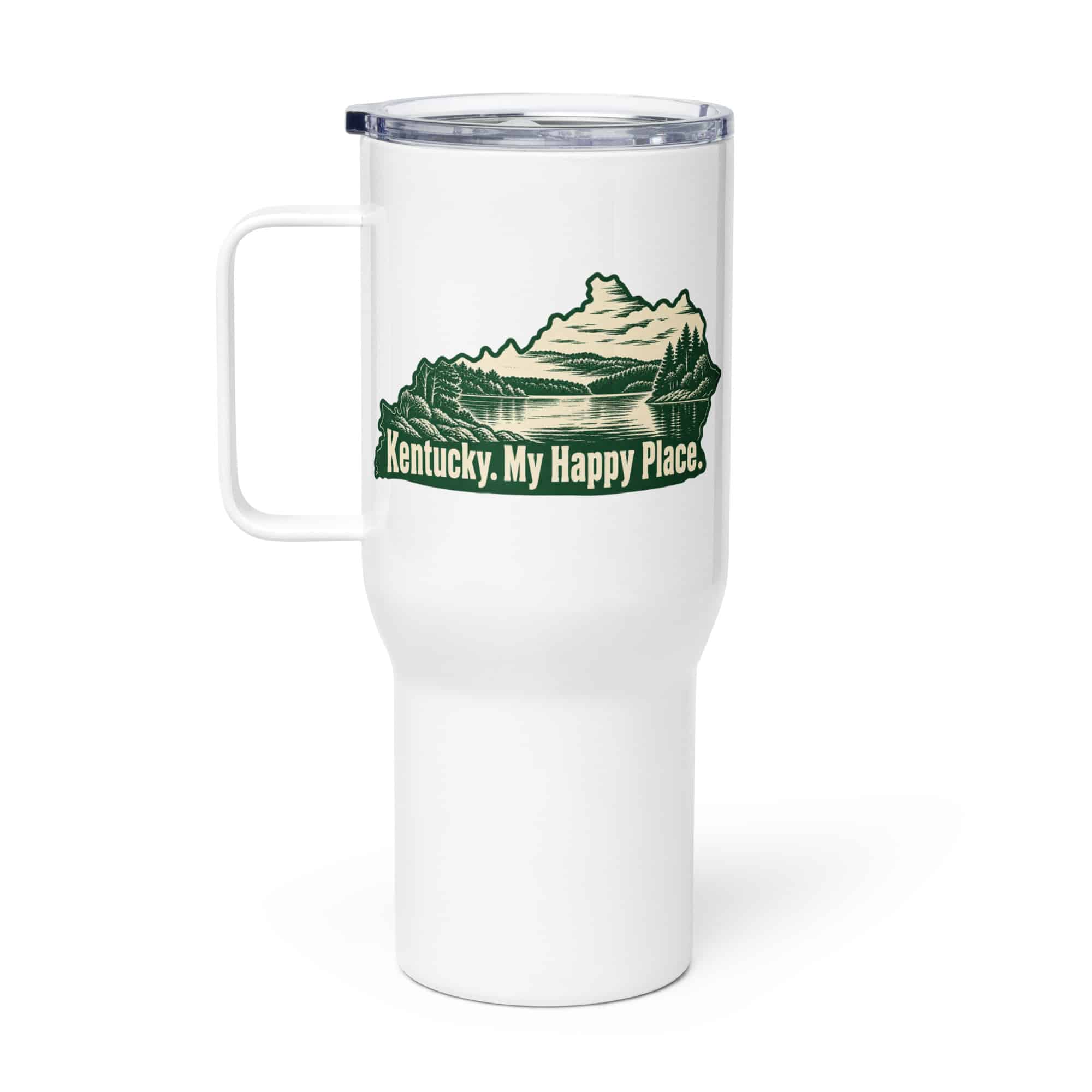 Kentucky Travel Mug: Lake with wooded shoreline, Woodcut Kentucky Silhouette