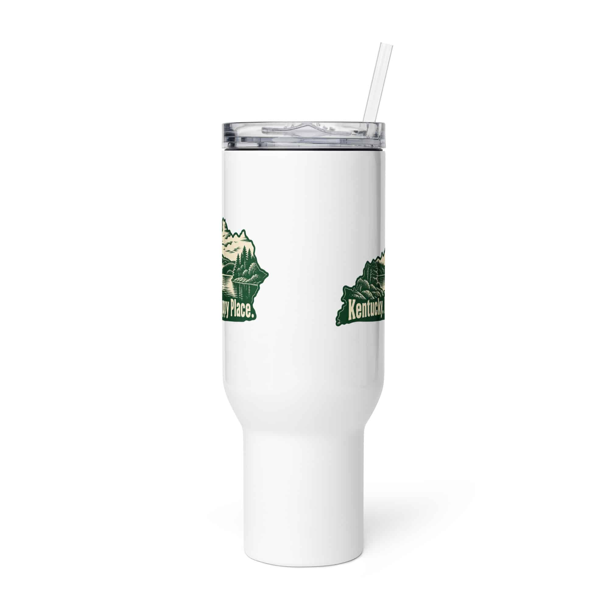 Kentucky Travel Mug: Lake with wooded shoreline, Woodcut Kentucky Silhouette