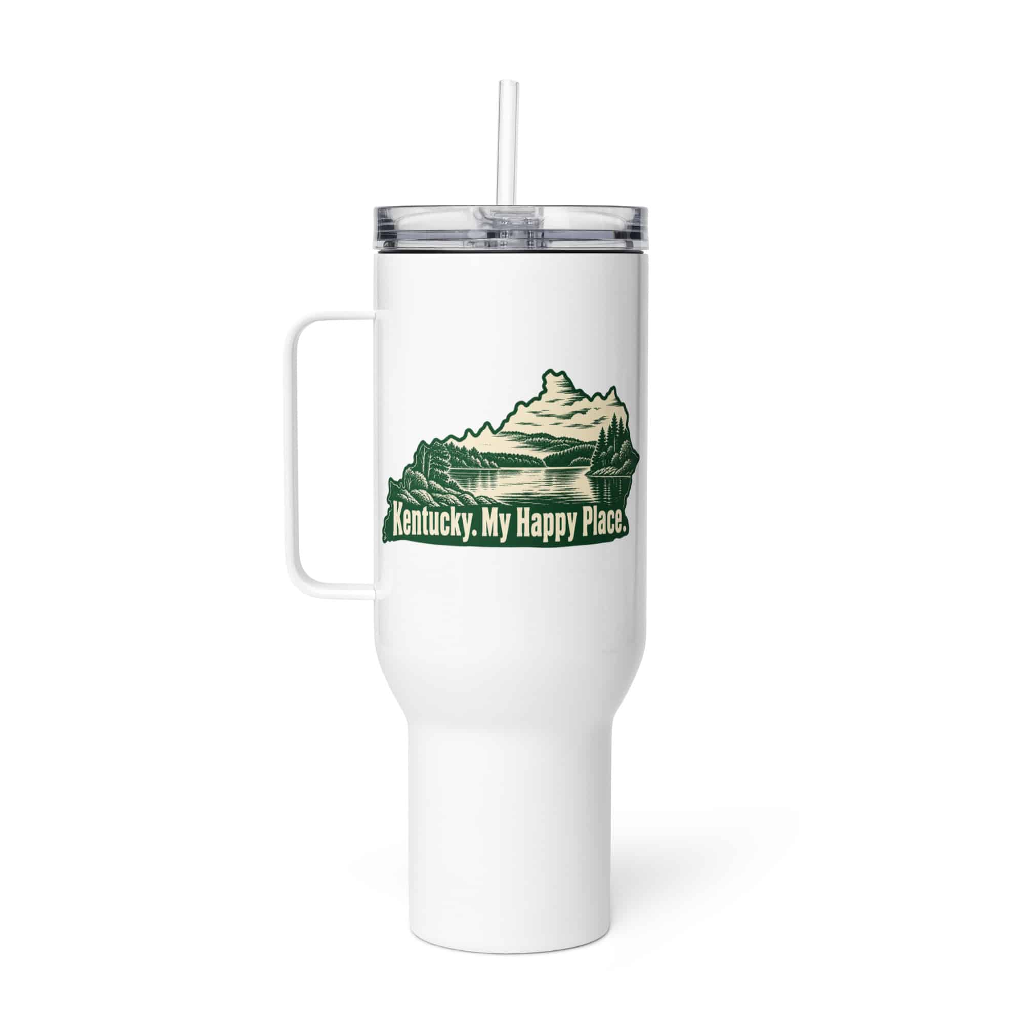Kentucky Travel Mug: Lake with wooded shoreline, Woodcut Kentucky Silhouette
