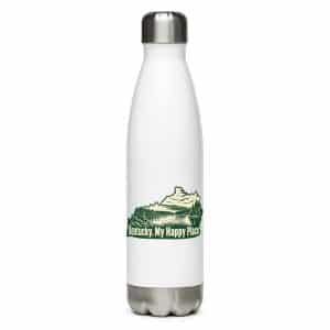 Kentucky Stainless Steel Water Bottle: Lake with wooded shoreline, Woodcut Kentucky Silhouette - 17 oz - Main