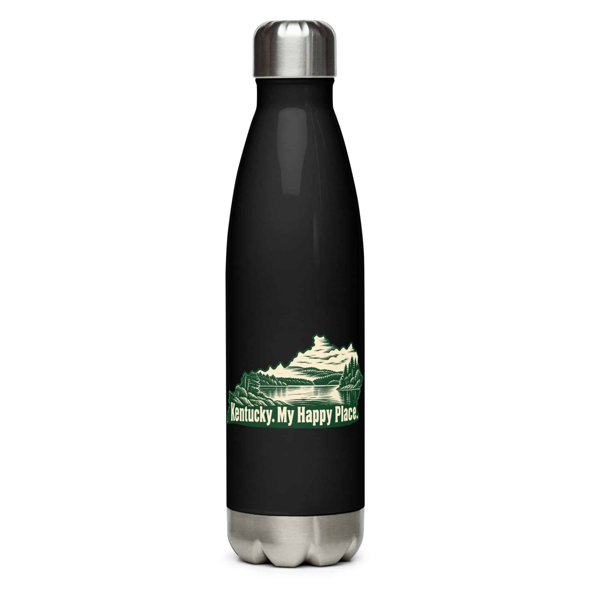 Kentucky Stainless Steel Water Bottle: Lake with wooded shoreline, Woodcut Kentucky Silhouette
