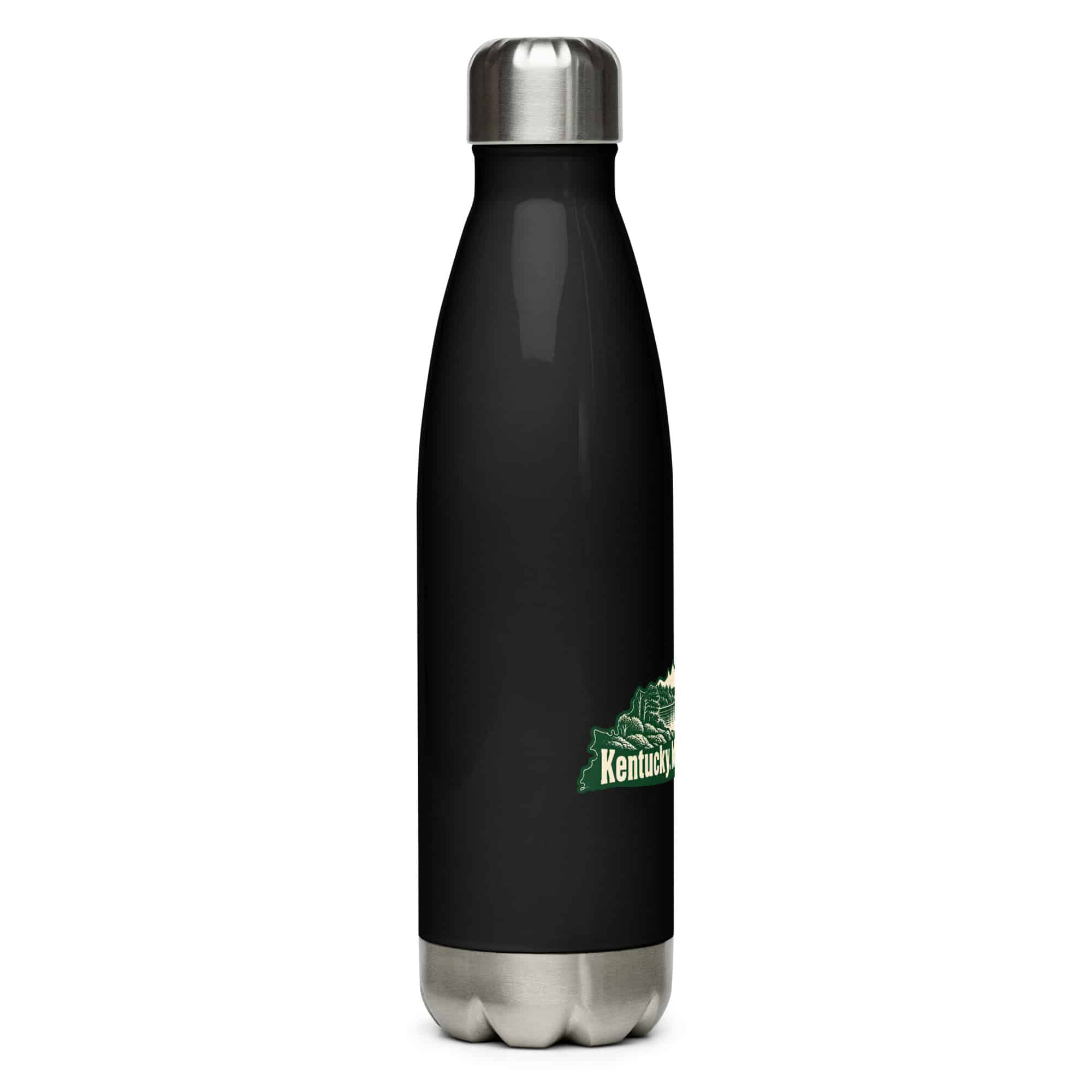 Kentucky Stainless Steel Water Bottle: Lake with wooded shoreline, Woodcut Kentucky Silhouette