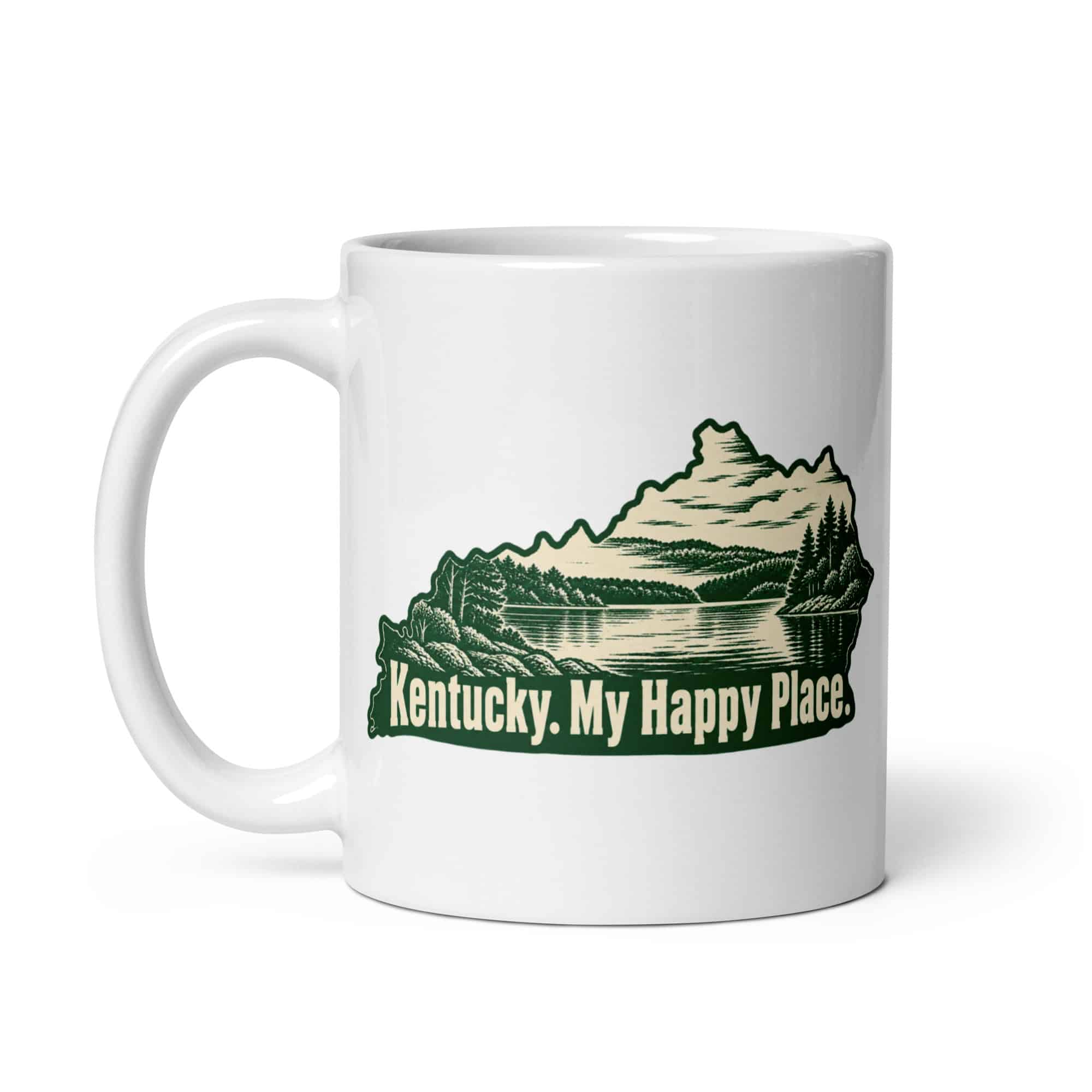 Kentucky White Ceramic Coffee Mug: Lake with wooded shoreline, Woodcut Kentucky Silhouette