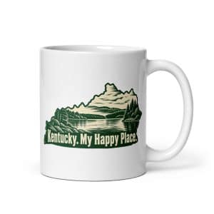 Kentucky White Ceramic Coffee Mug: Lake with wooded shoreline, Woodcut Kentucky Silhouette - 11 oz - Main