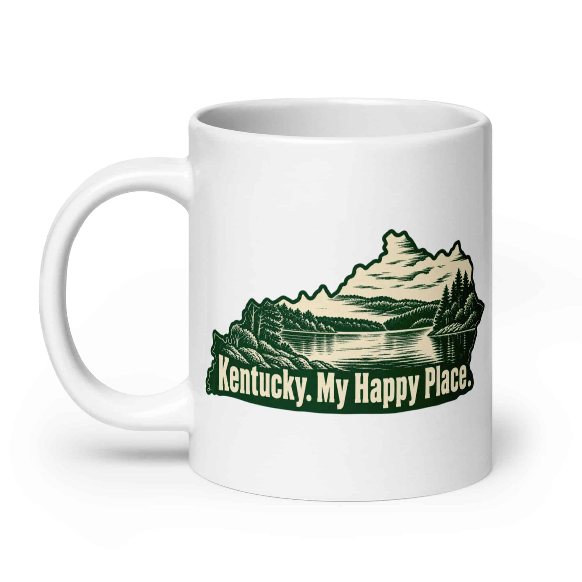 Kentucky White Ceramic Coffee Mug: Lake with wooded shoreline, Woodcut Kentucky Silhouette