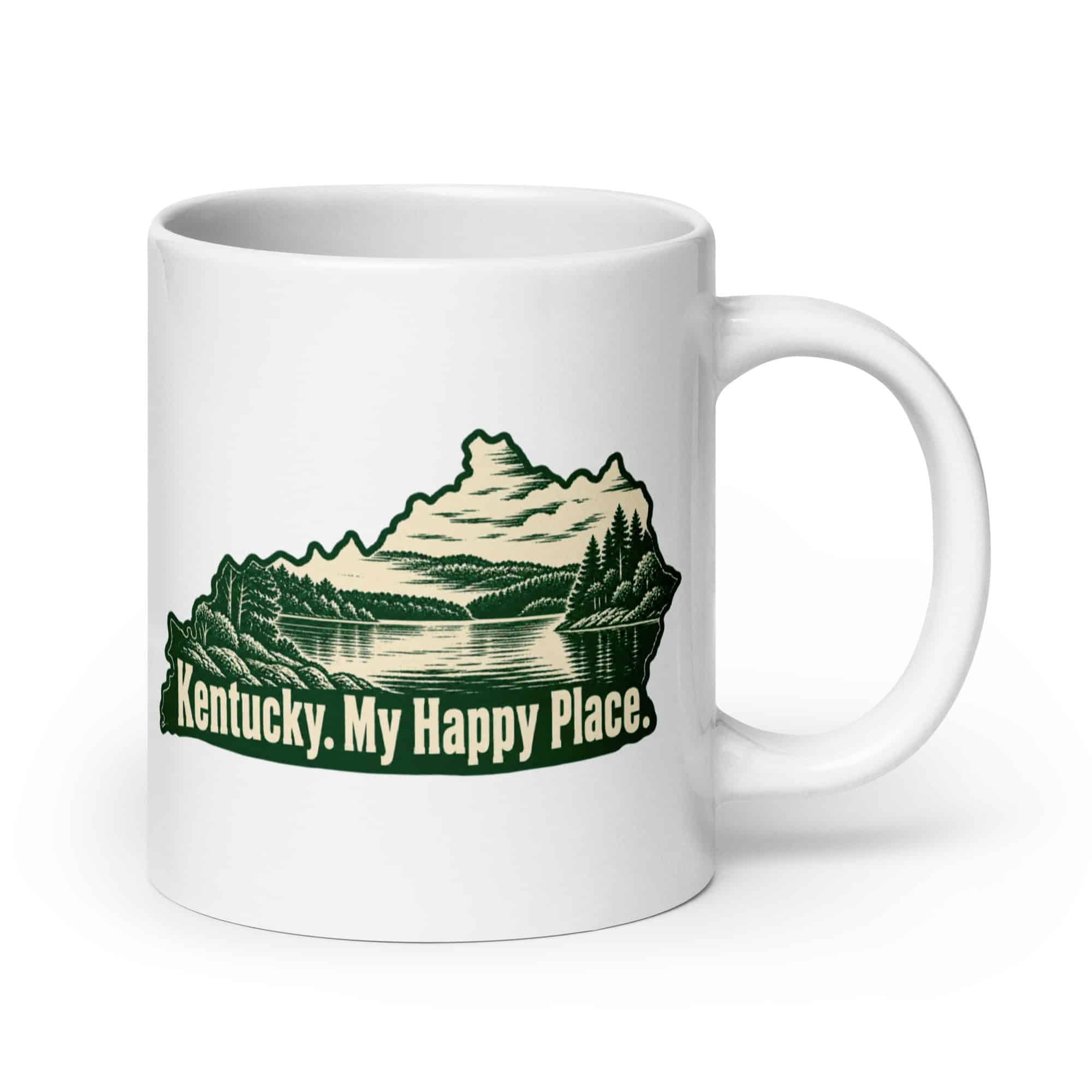 Kentucky White Ceramic Coffee Mug: Lake with wooded shoreline, Woodcut Kentucky Silhouette