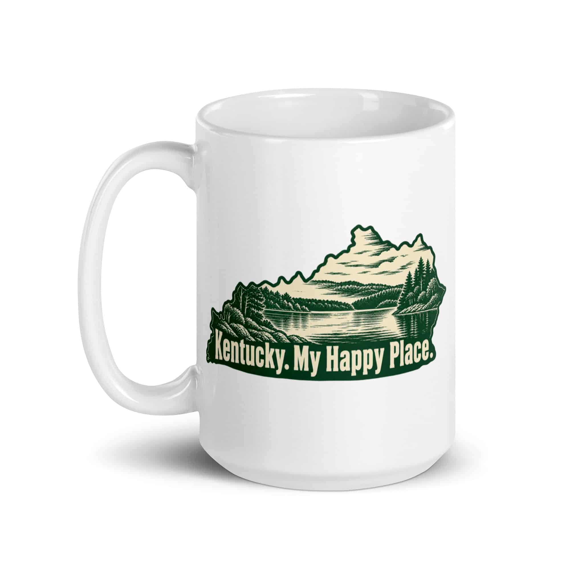 Kentucky White Ceramic Coffee Mug: Lake with wooded shoreline, Woodcut Kentucky Silhouette