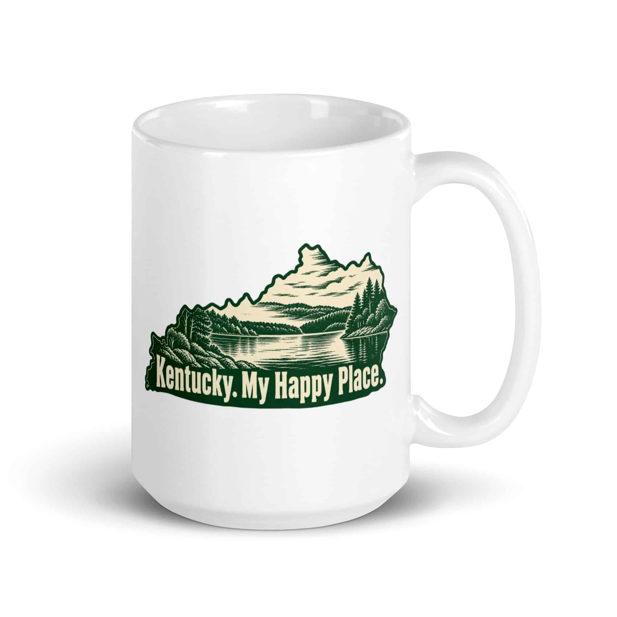 Kentucky White Ceramic Coffee Mug: Lake with wooded shoreline, Woodcut Kentucky Silhouette
