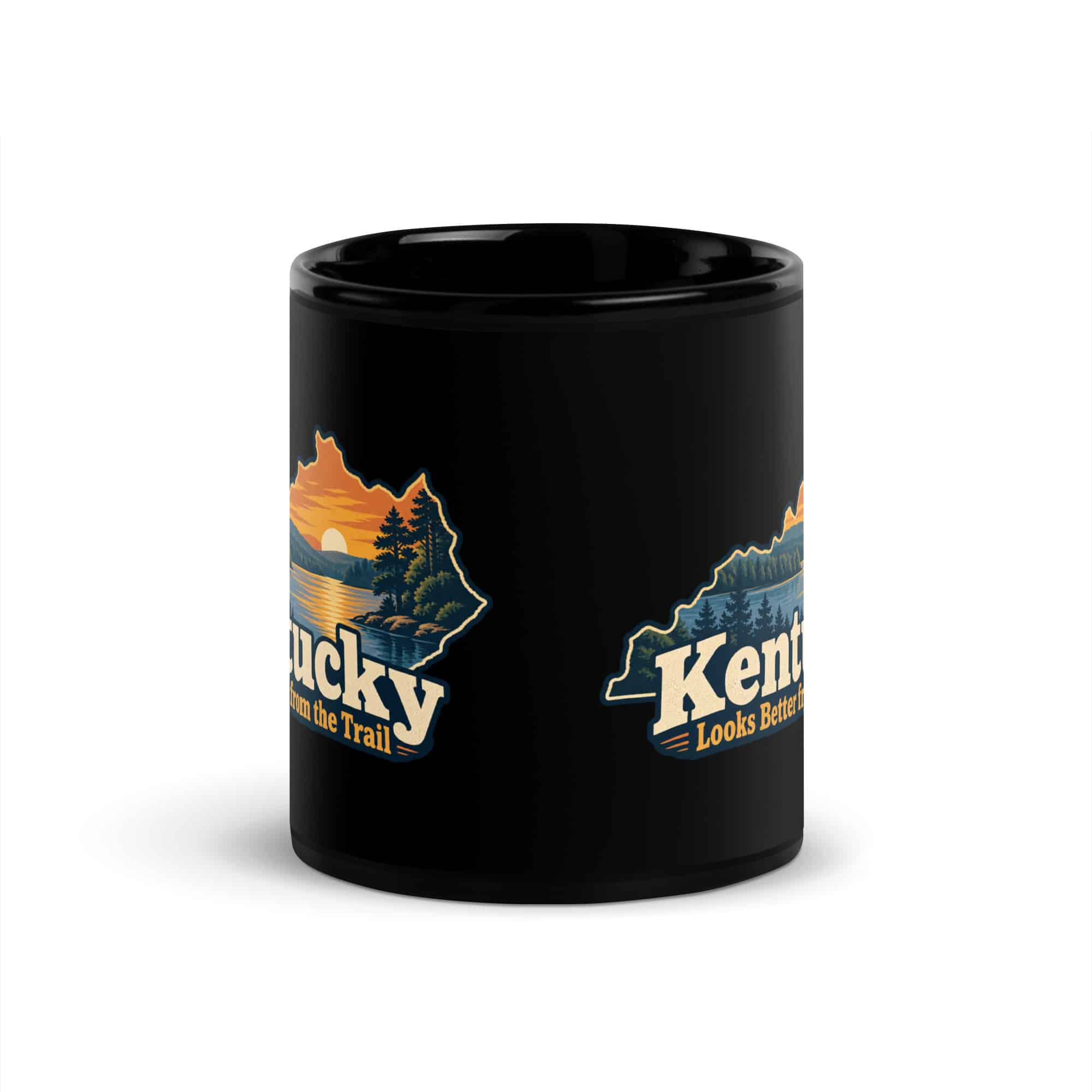Kentucky Black Coffee Mug: Lake with wooded shoreline, Colorful Kentucky Silhouette