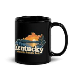 Kentucky Black Coffee Mug: Lake with wooded shoreline, Colorful Kentucky Silhouette - 11 oz - Handle on Right