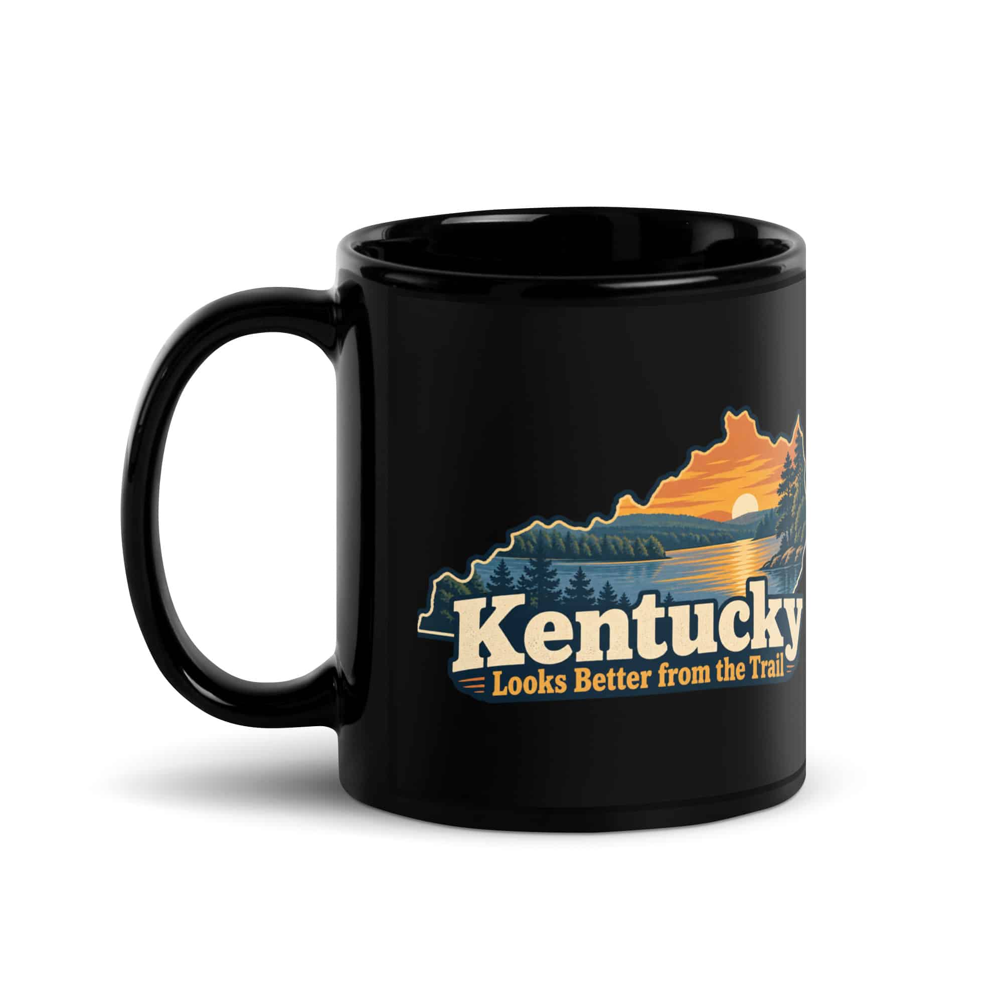 Kentucky Black Coffee Mug: Lake with wooded shoreline, Colorful Kentucky Silhouette