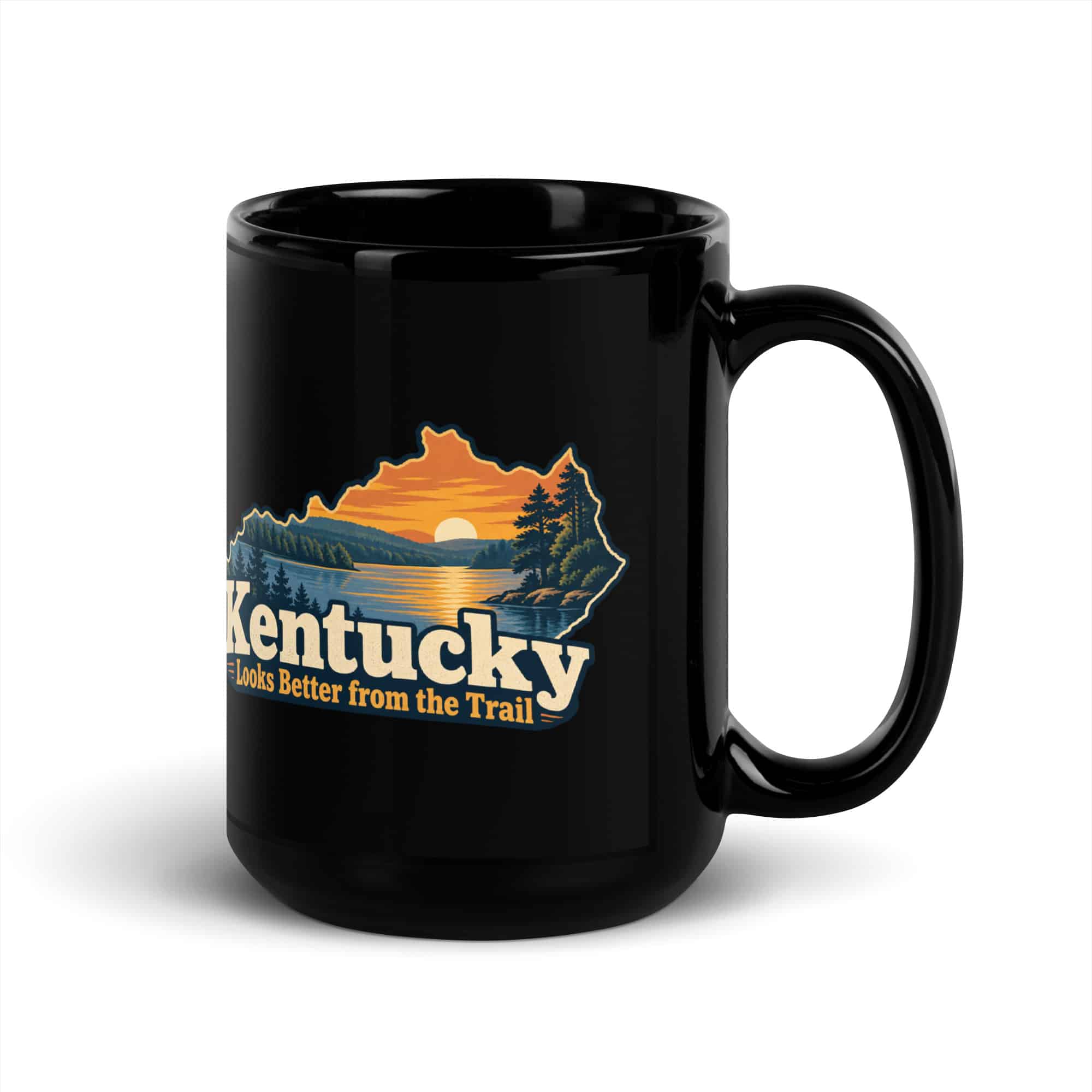 Kentucky Black Coffee Mug: Lake with wooded shoreline, Colorful Kentucky Silhouette