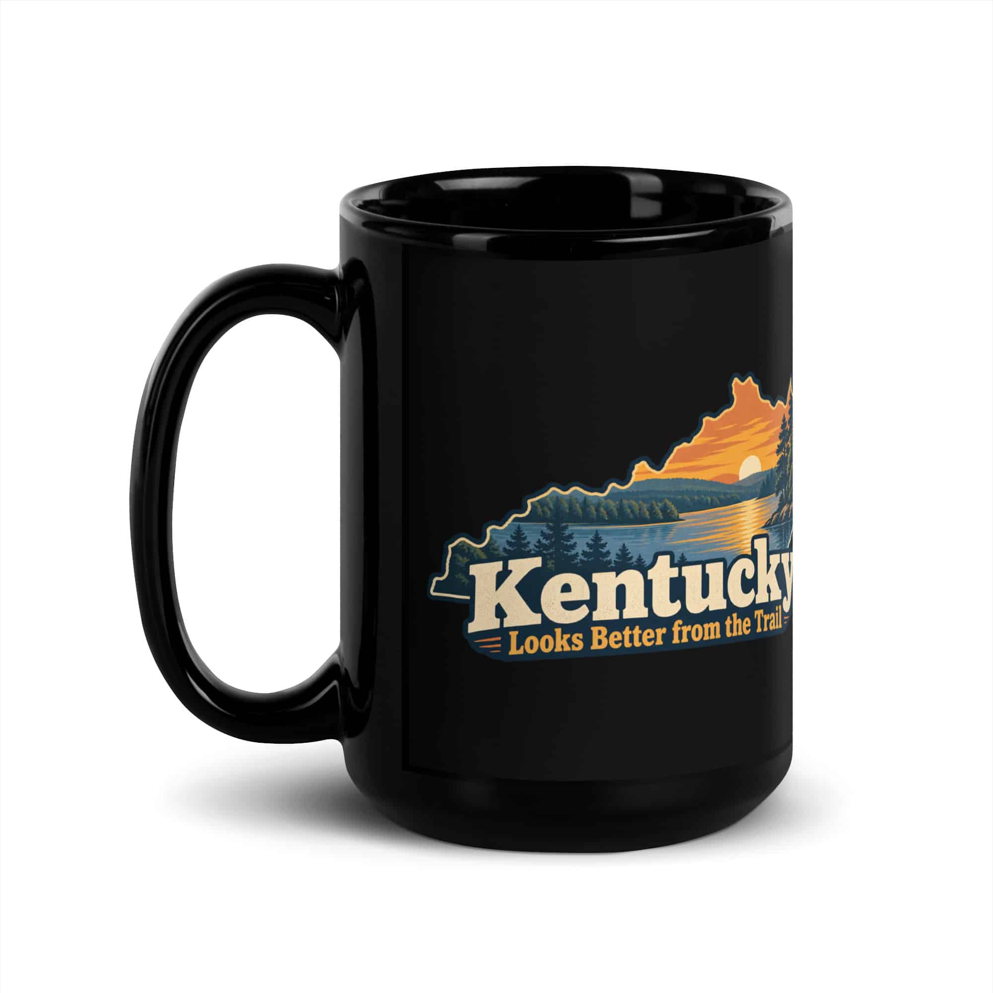 Kentucky Black Coffee Mug: Lake with wooded shoreline, Colorful Kentucky Silhouette