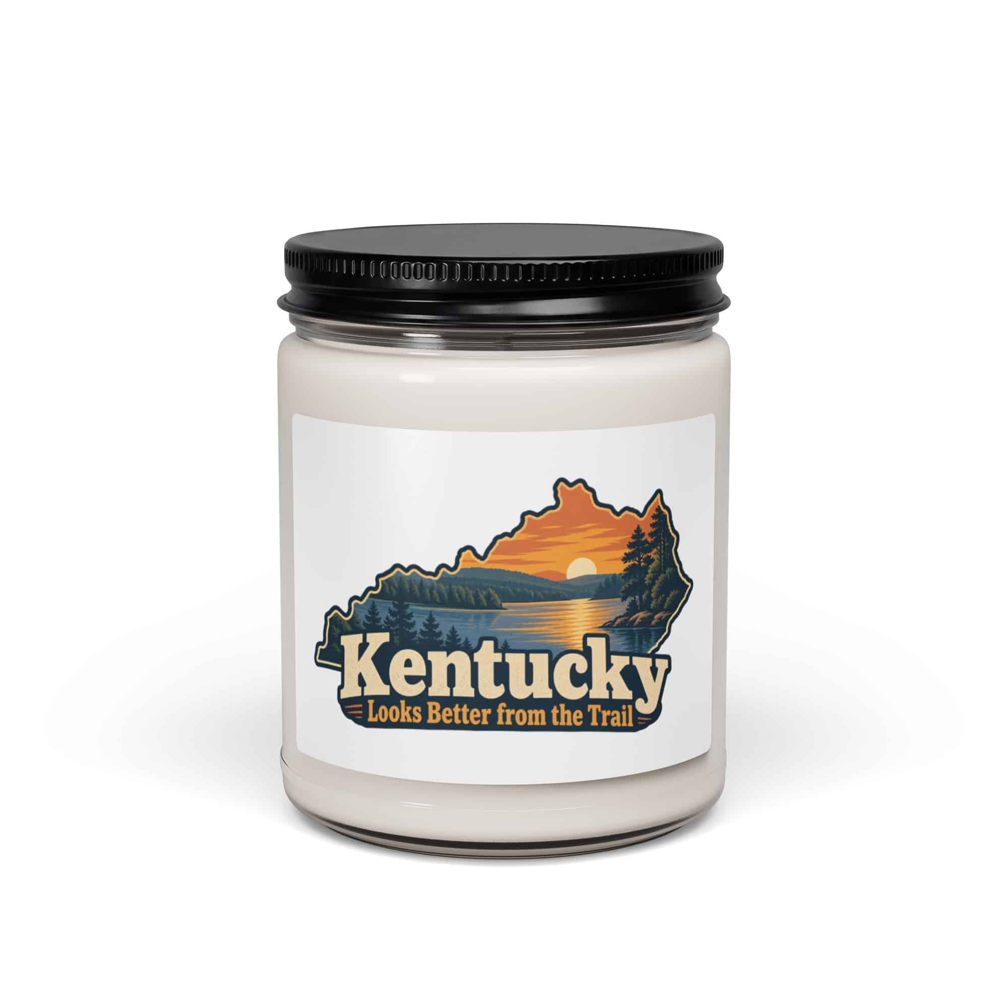 Kentucky Soy Wax Candle: Lake with wooded shoreline, Colorful Kentucky Silhouette