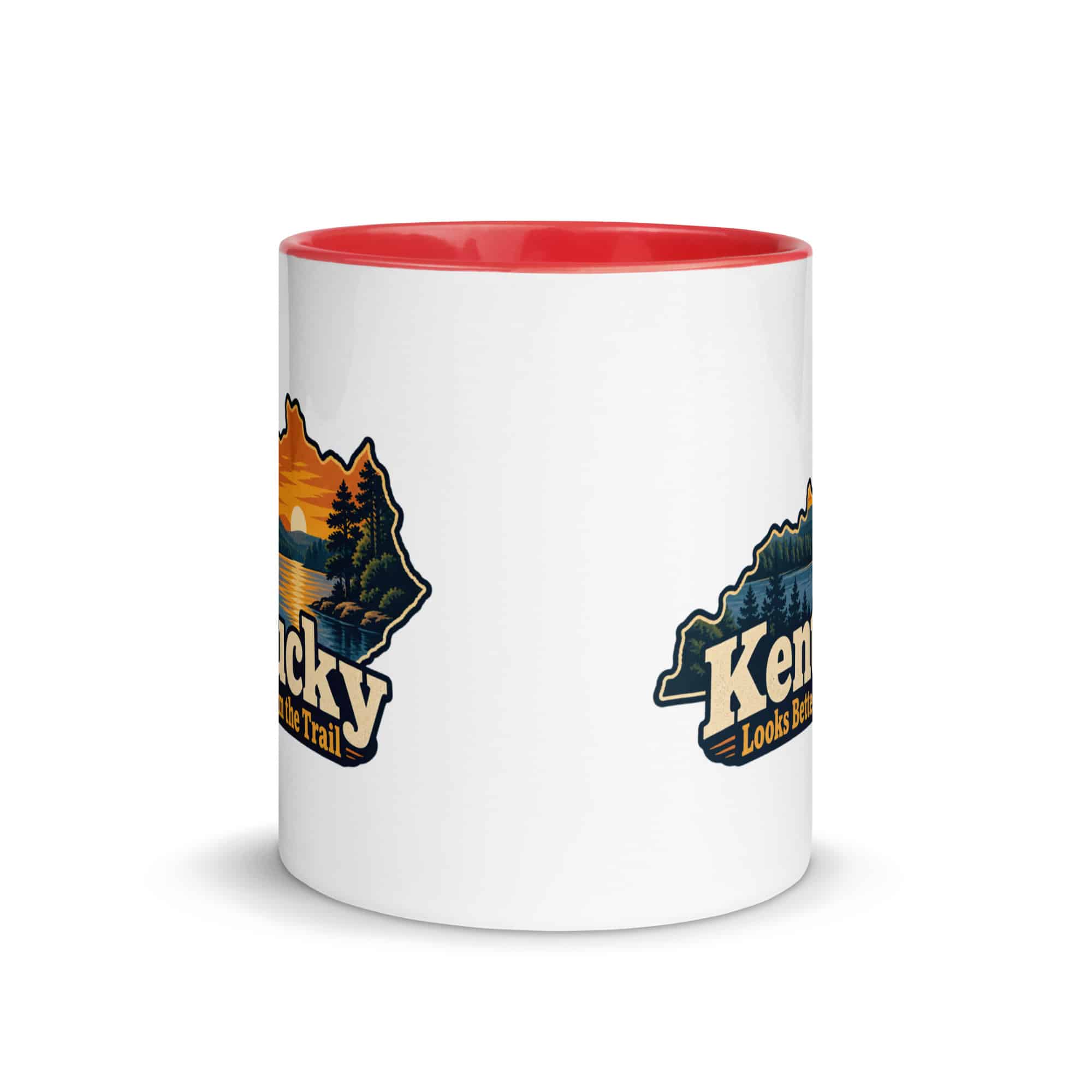 Kentucky Color Inside Coffee Mug: Lake with wooded shoreline, Colorful Kentucky Silhouette