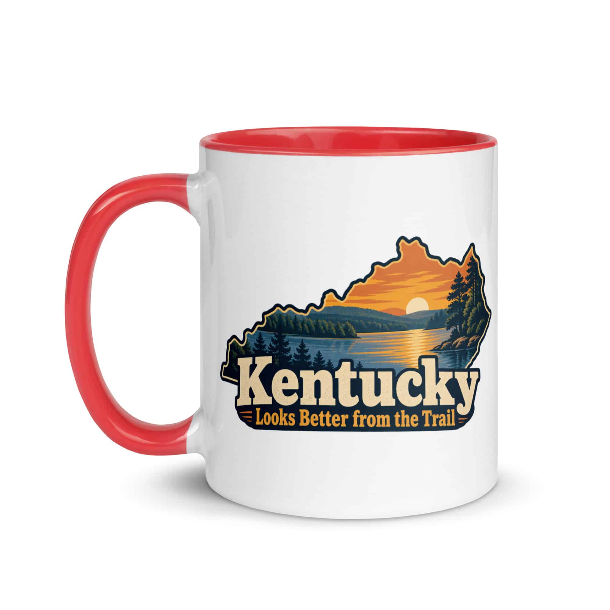 Kentucky Color Inside Coffee Mug: Lake with wooded shoreline, Colorful Kentucky Silhouette