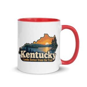 Kentucky Color Inside Coffee Mug: Lake with wooded shoreline, Colorful Kentucky Silhouette - 11 oz - Main