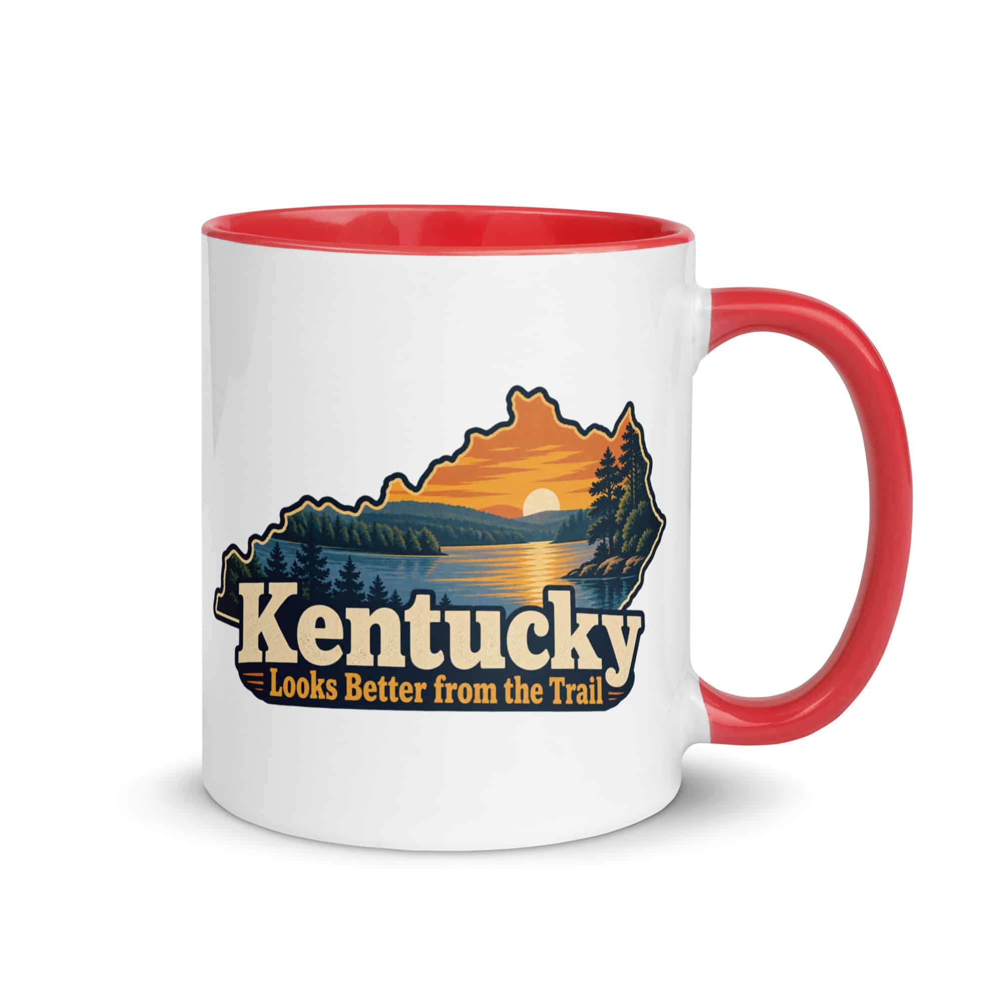 Kentucky Color Inside Coffee Mug: Lake with wooded shoreline, Colorful Kentucky Silhouette
