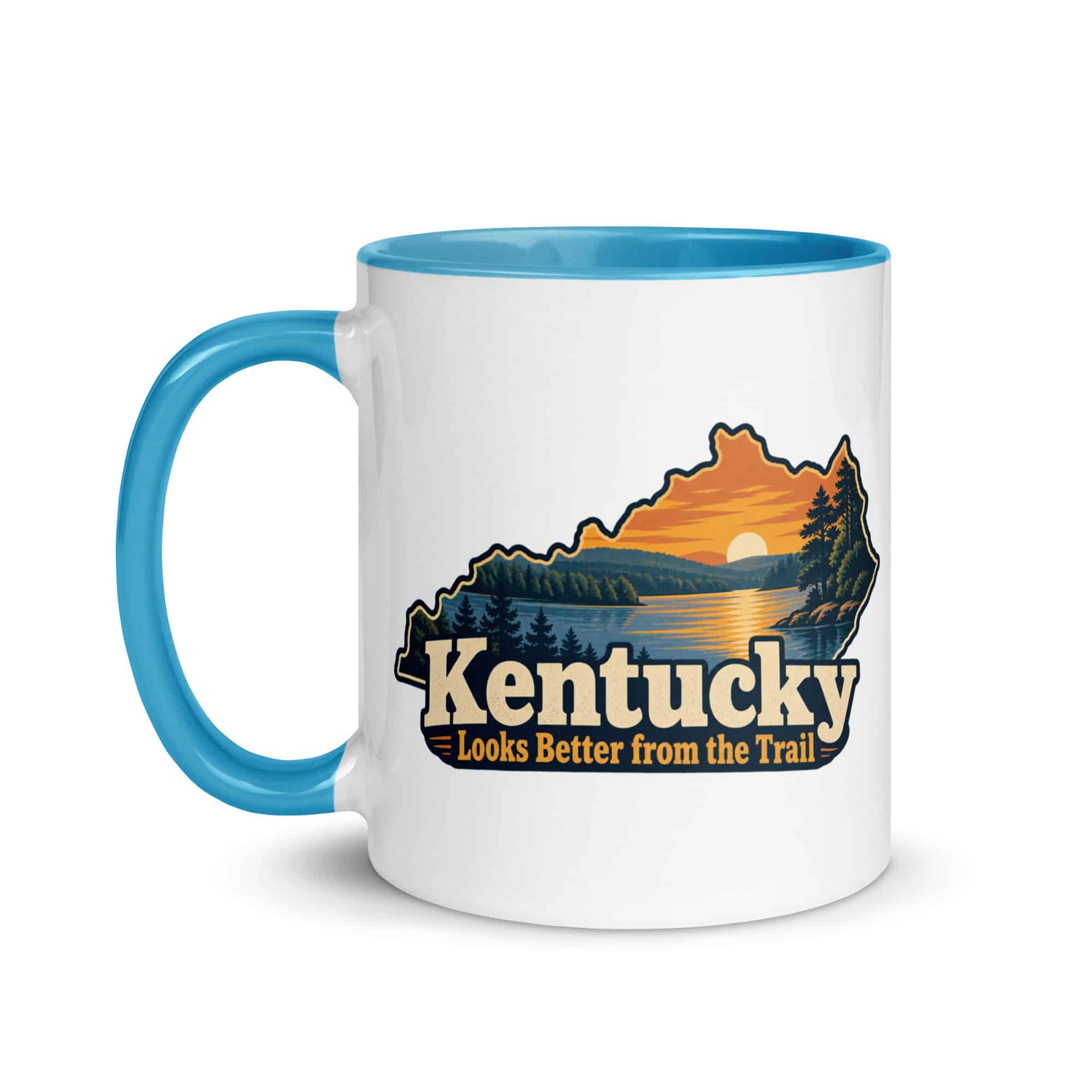 Kentucky Color Inside Coffee Mug: Lake with wooded shoreline, Colorful Kentucky Silhouette