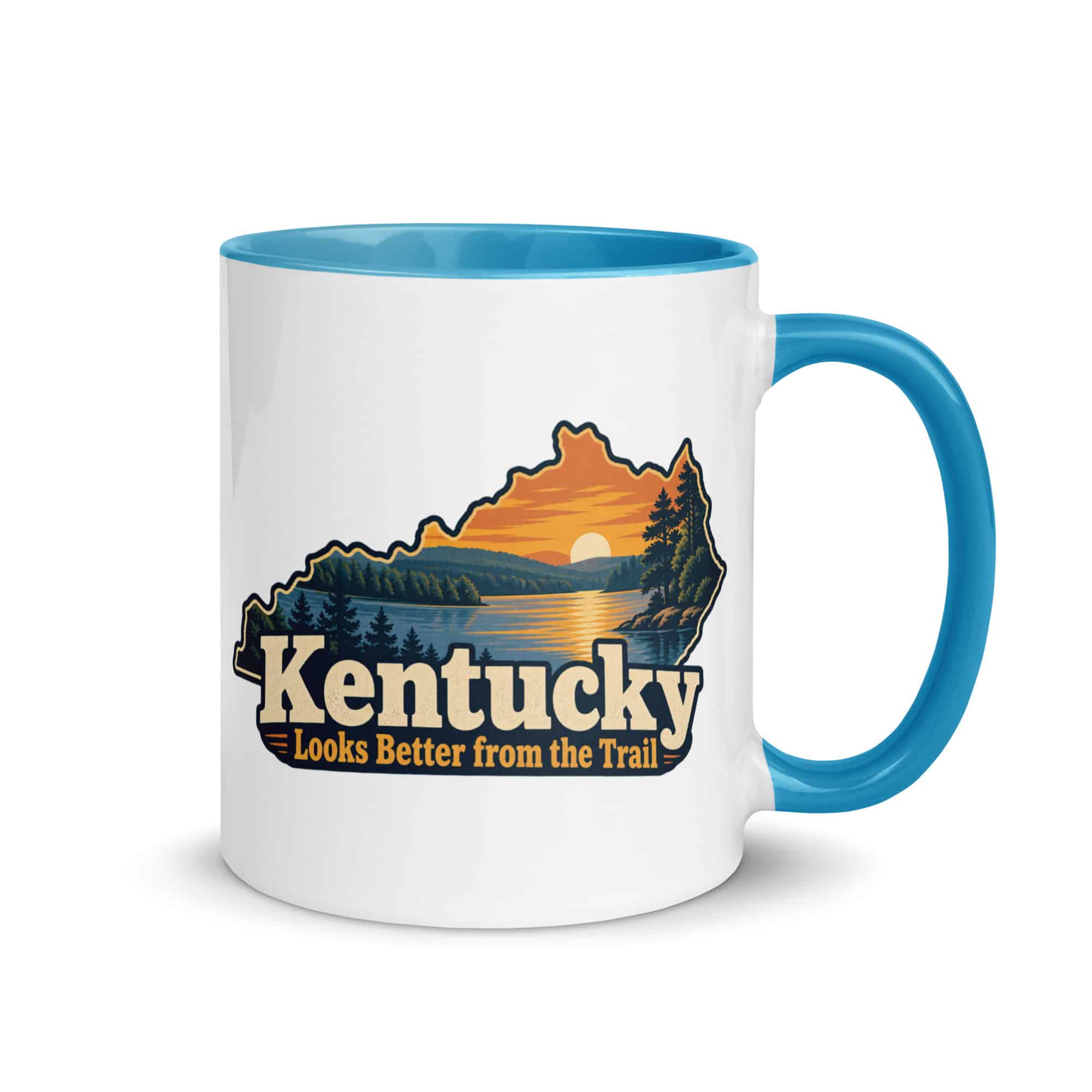 Kentucky Color Inside Coffee Mug: Lake with wooded shoreline, Colorful Kentucky Silhouette