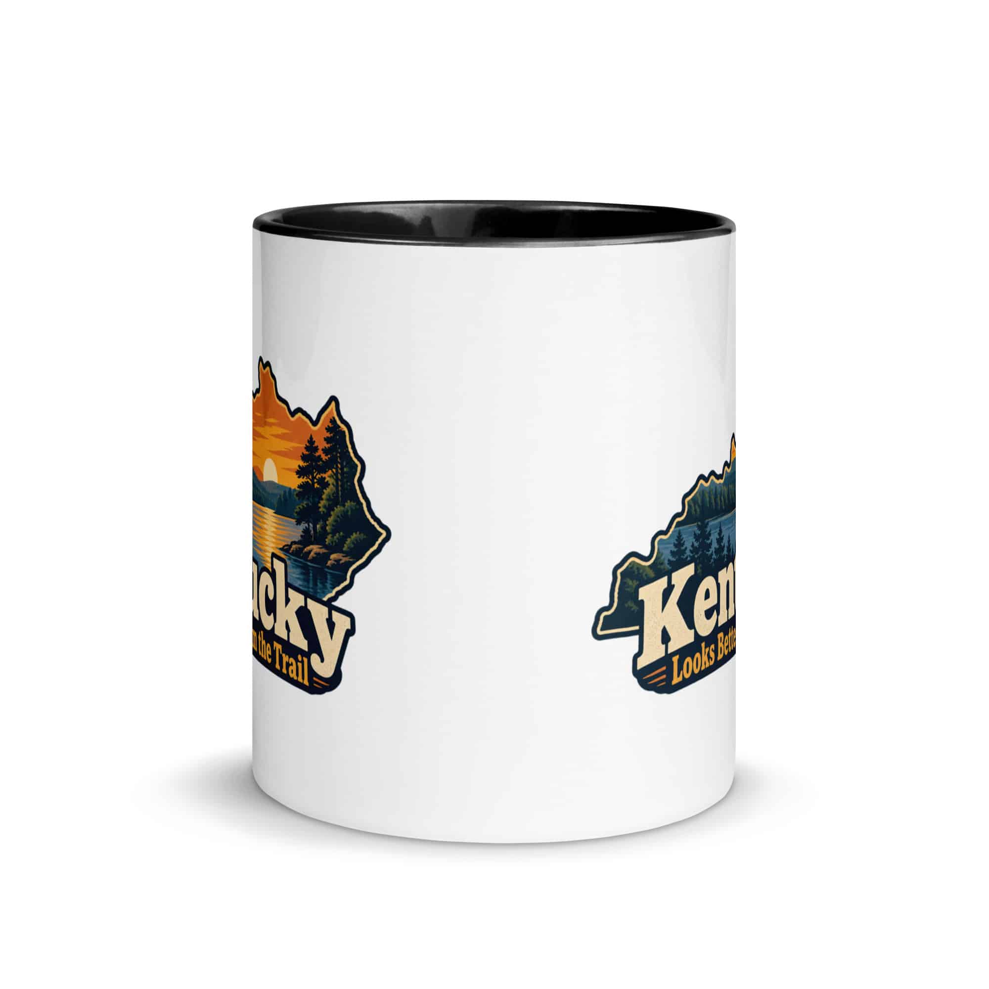 Kentucky Color Inside Coffee Mug: Lake with wooded shoreline, Colorful Kentucky Silhouette
