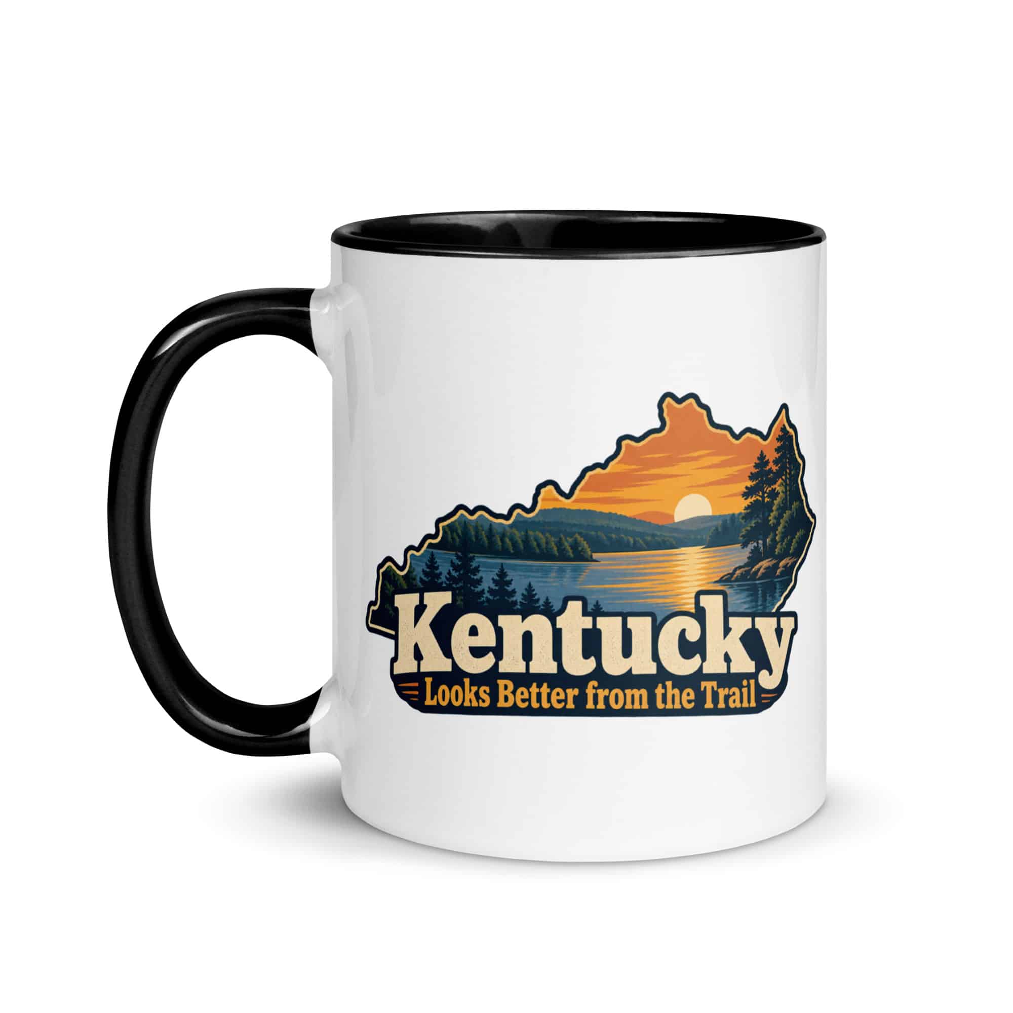 Kentucky Color Inside Coffee Mug: Lake with wooded shoreline, Colorful Kentucky Silhouette