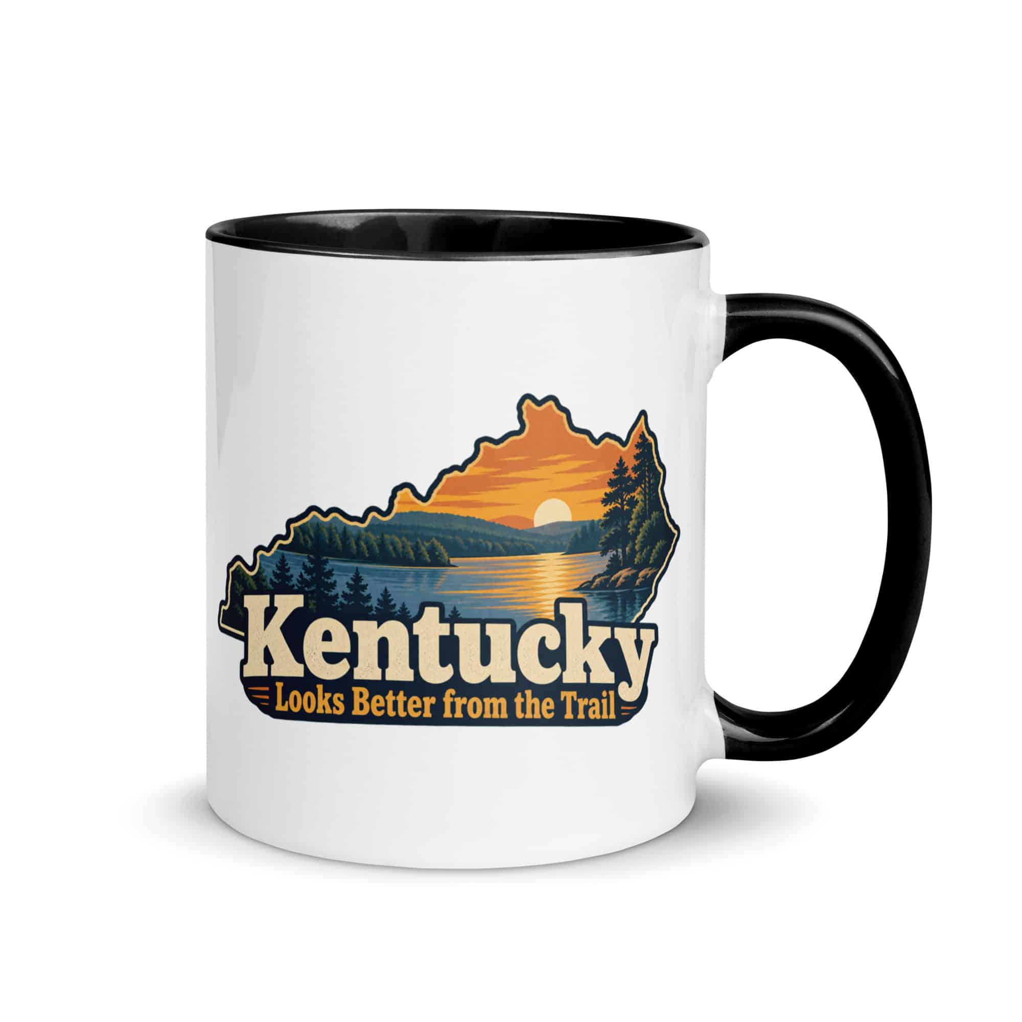 Kentucky Color Inside Coffee Mug: Lake with wooded shoreline, Colorful Kentucky Silhouette