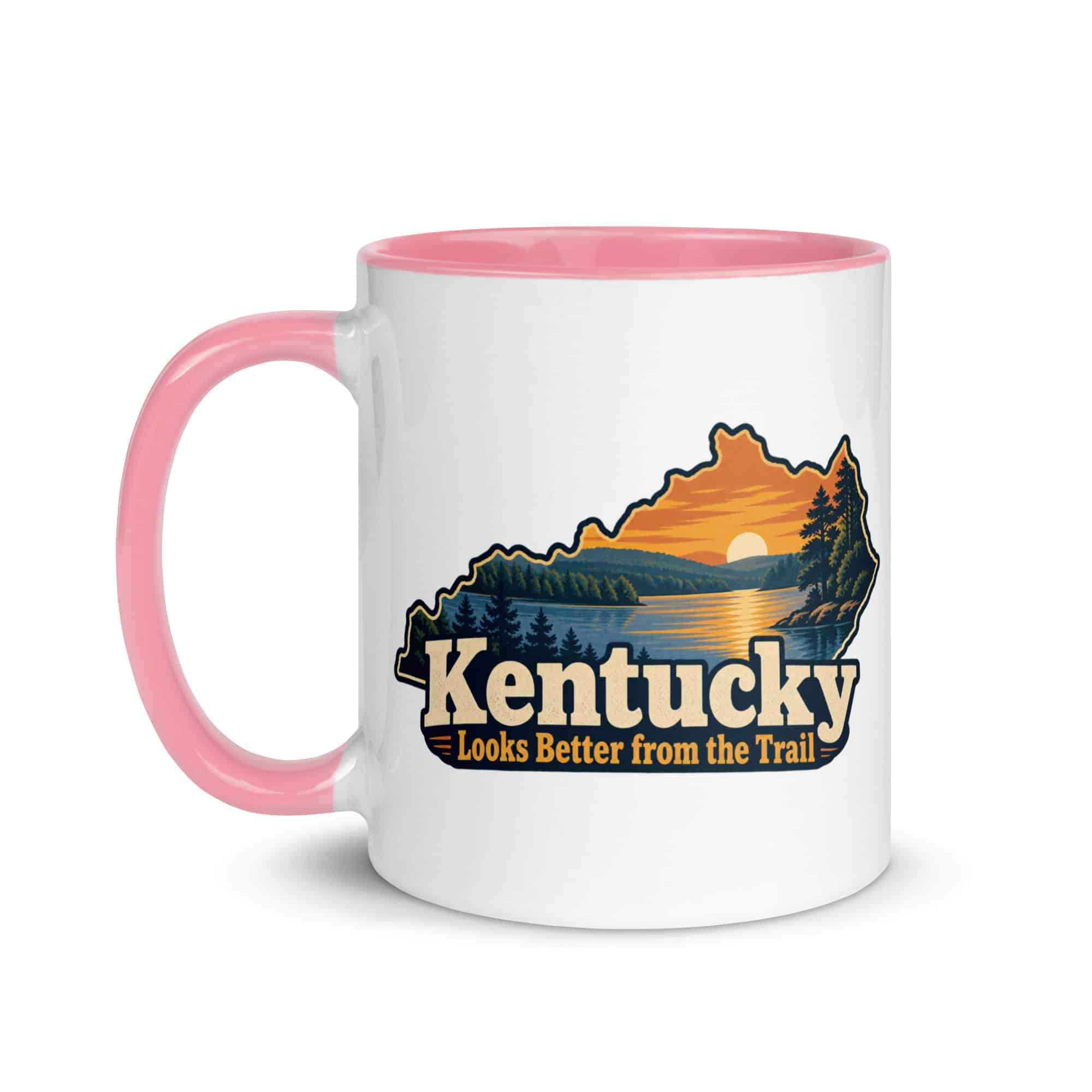 Kentucky Color Inside Coffee Mug: Lake with wooded shoreline, Colorful Kentucky Silhouette