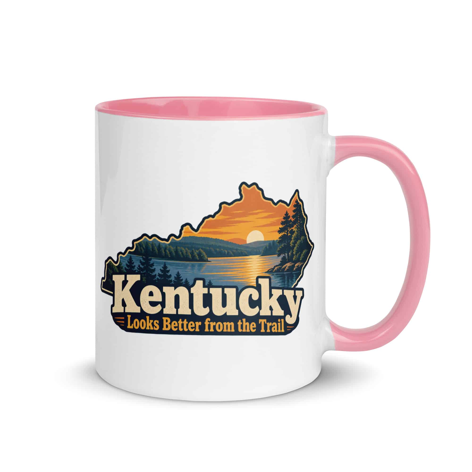 Kentucky Color Inside Coffee Mug: Lake with wooded shoreline, Colorful Kentucky Silhouette