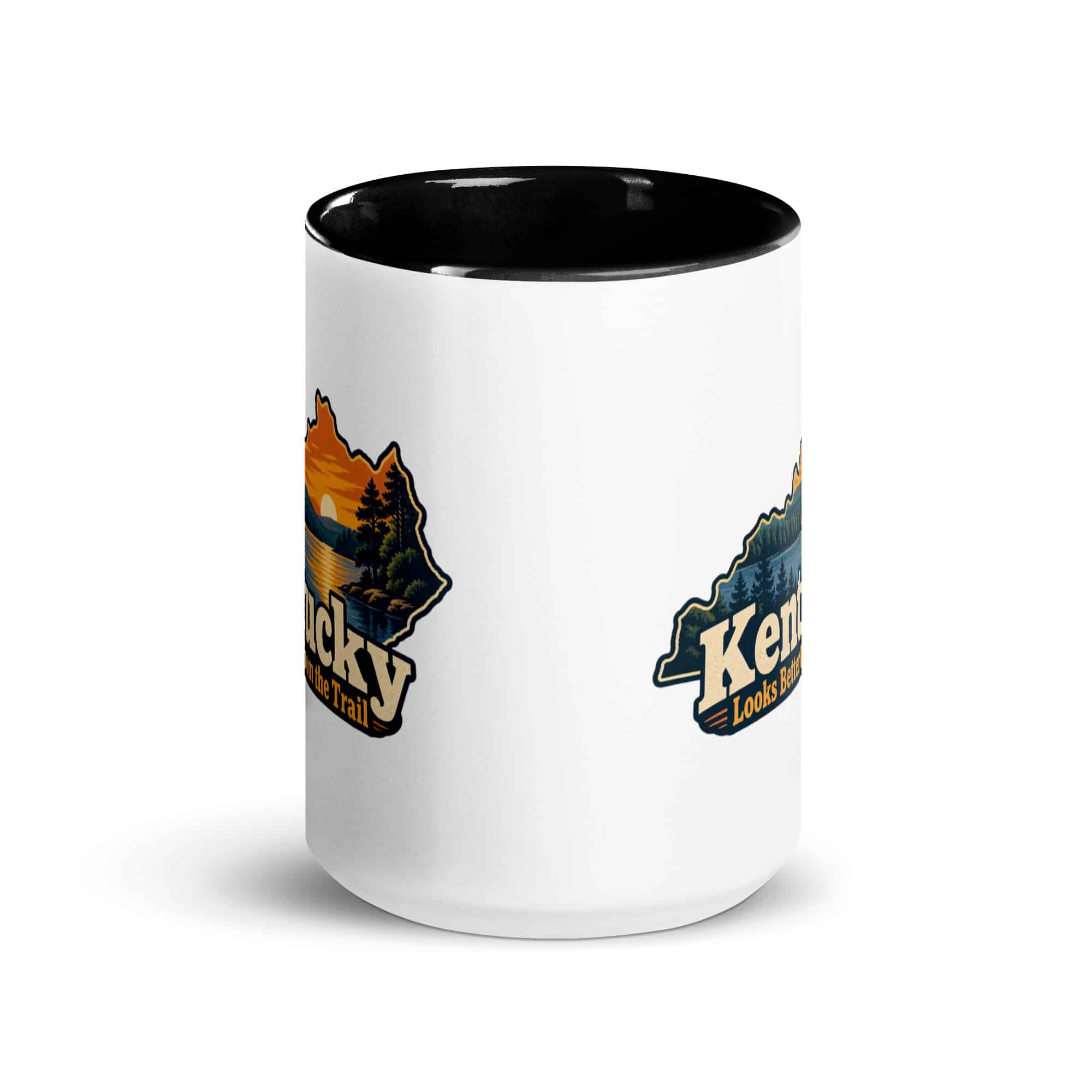Kentucky Color Inside Coffee Mug: Lake with wooded shoreline, Colorful Kentucky Silhouette
