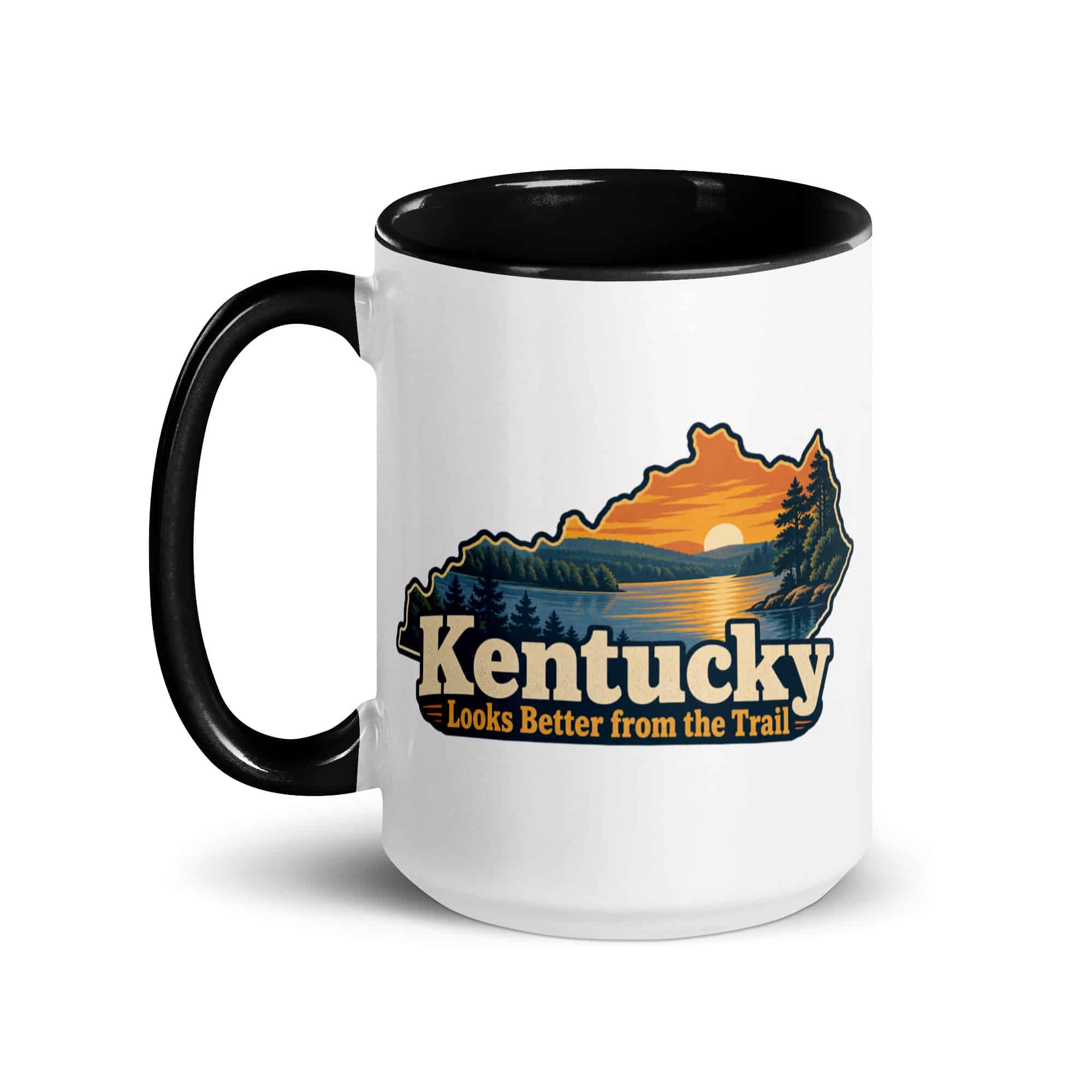 Kentucky Color Inside Coffee Mug: Lake with wooded shoreline, Colorful Kentucky Silhouette
