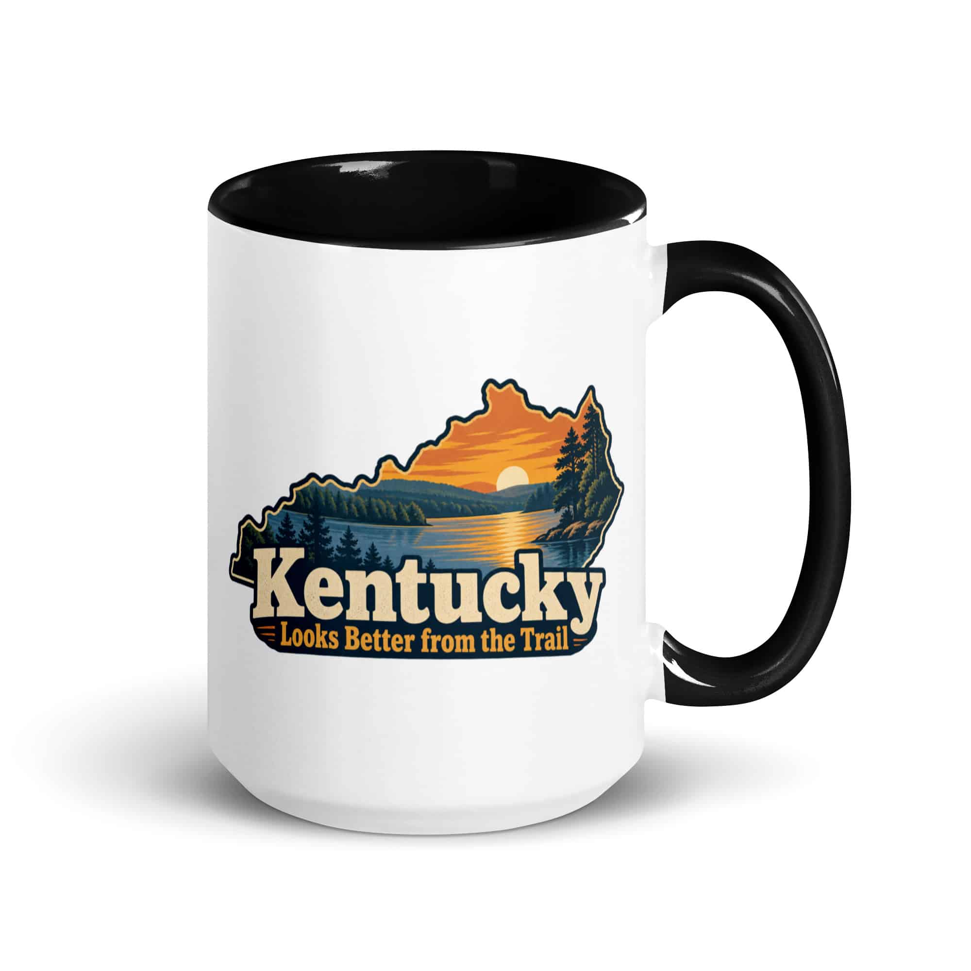 Kentucky Color Inside Coffee Mug: Lake with wooded shoreline, Colorful Kentucky Silhouette