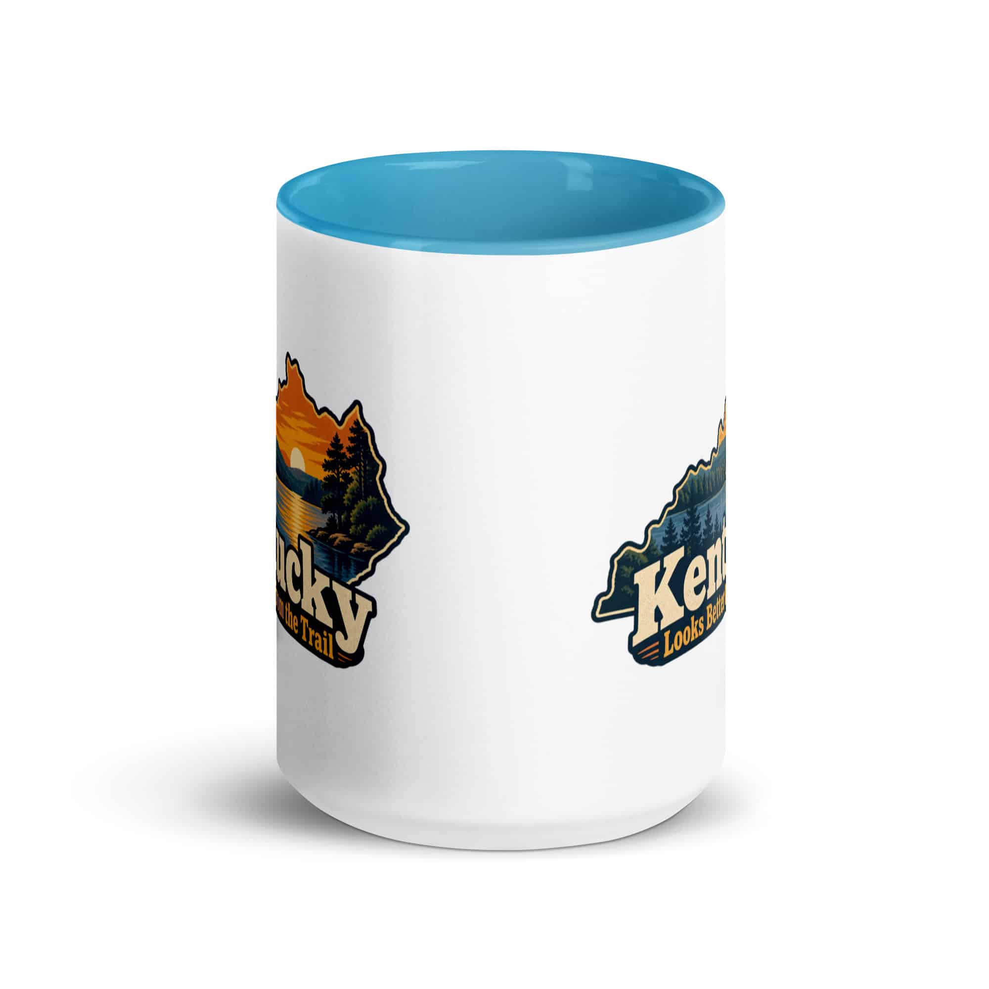 Kentucky Color Inside Coffee Mug: Lake with wooded shoreline, Colorful Kentucky Silhouette
