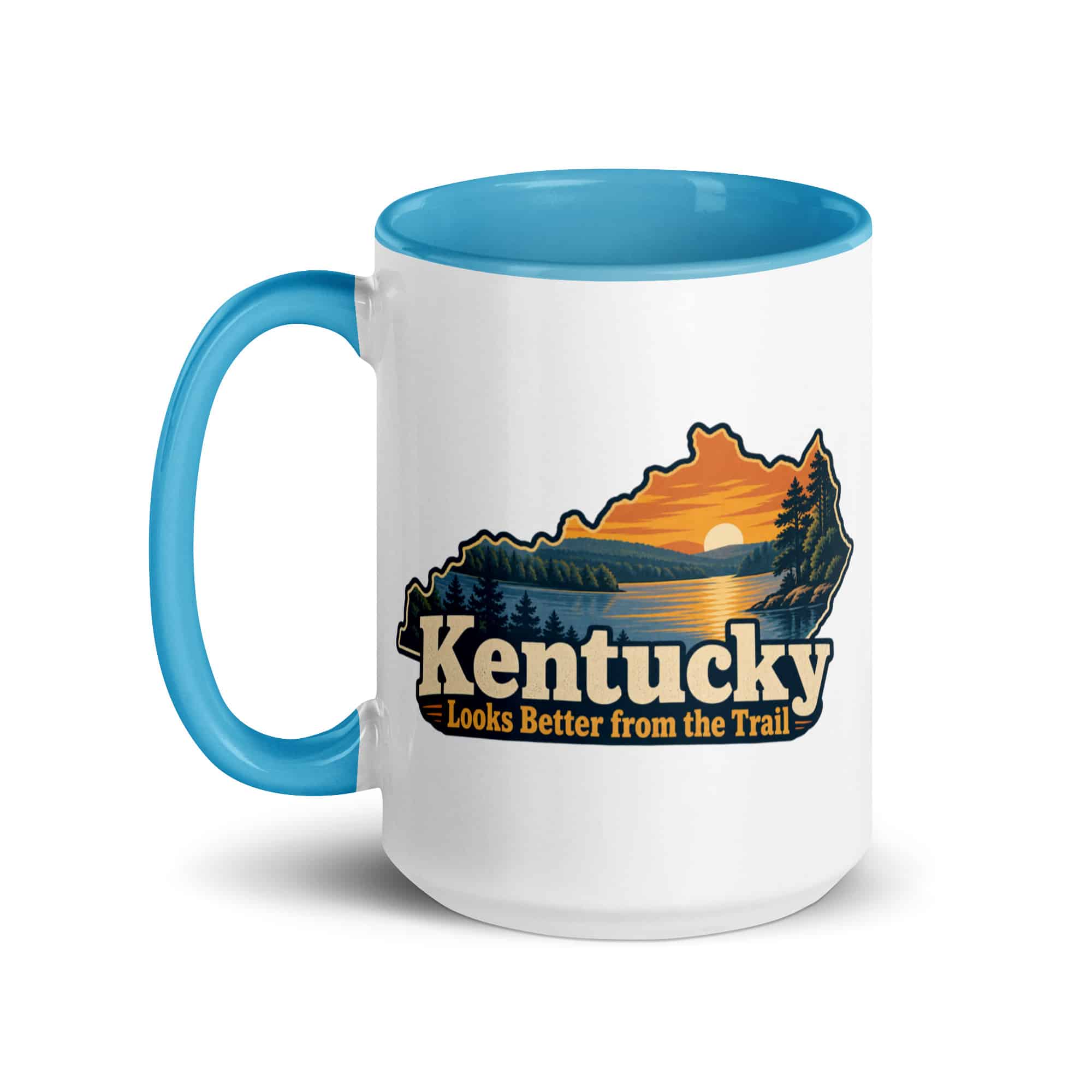 Kentucky Color Inside Coffee Mug: Lake with wooded shoreline, Colorful Kentucky Silhouette