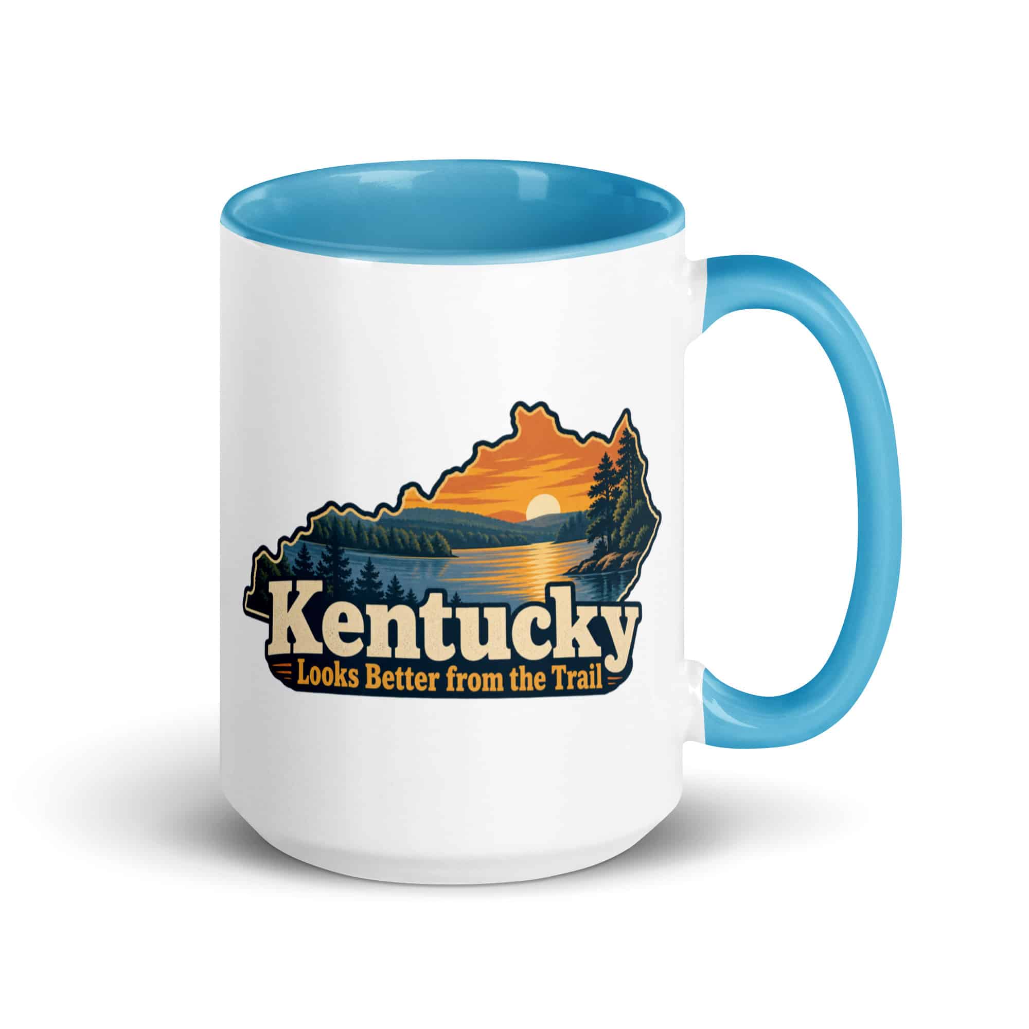 Kentucky Color Inside Coffee Mug: Lake with wooded shoreline, Colorful Kentucky Silhouette
