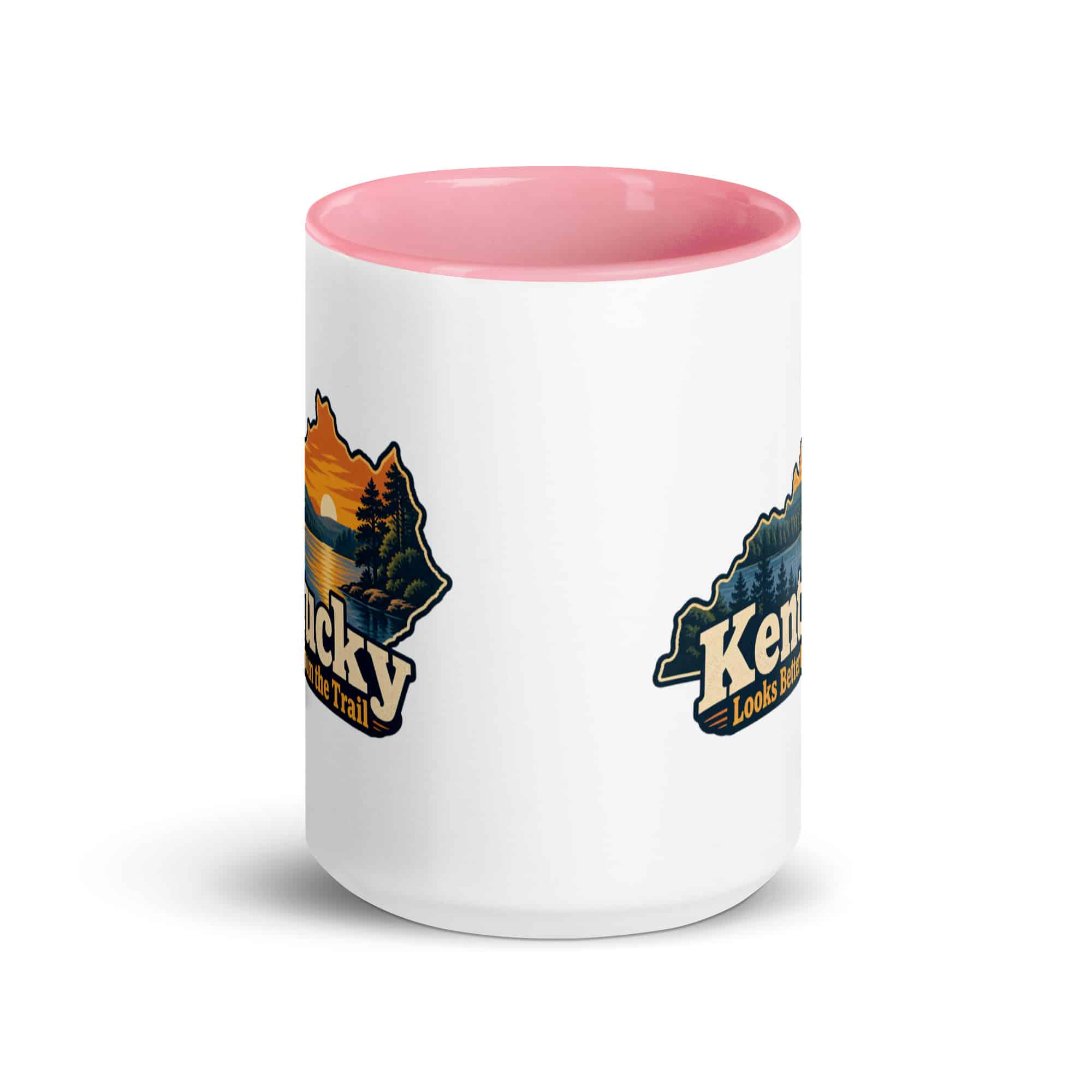 Kentucky Color Inside Coffee Mug: Lake with wooded shoreline, Colorful Kentucky Silhouette