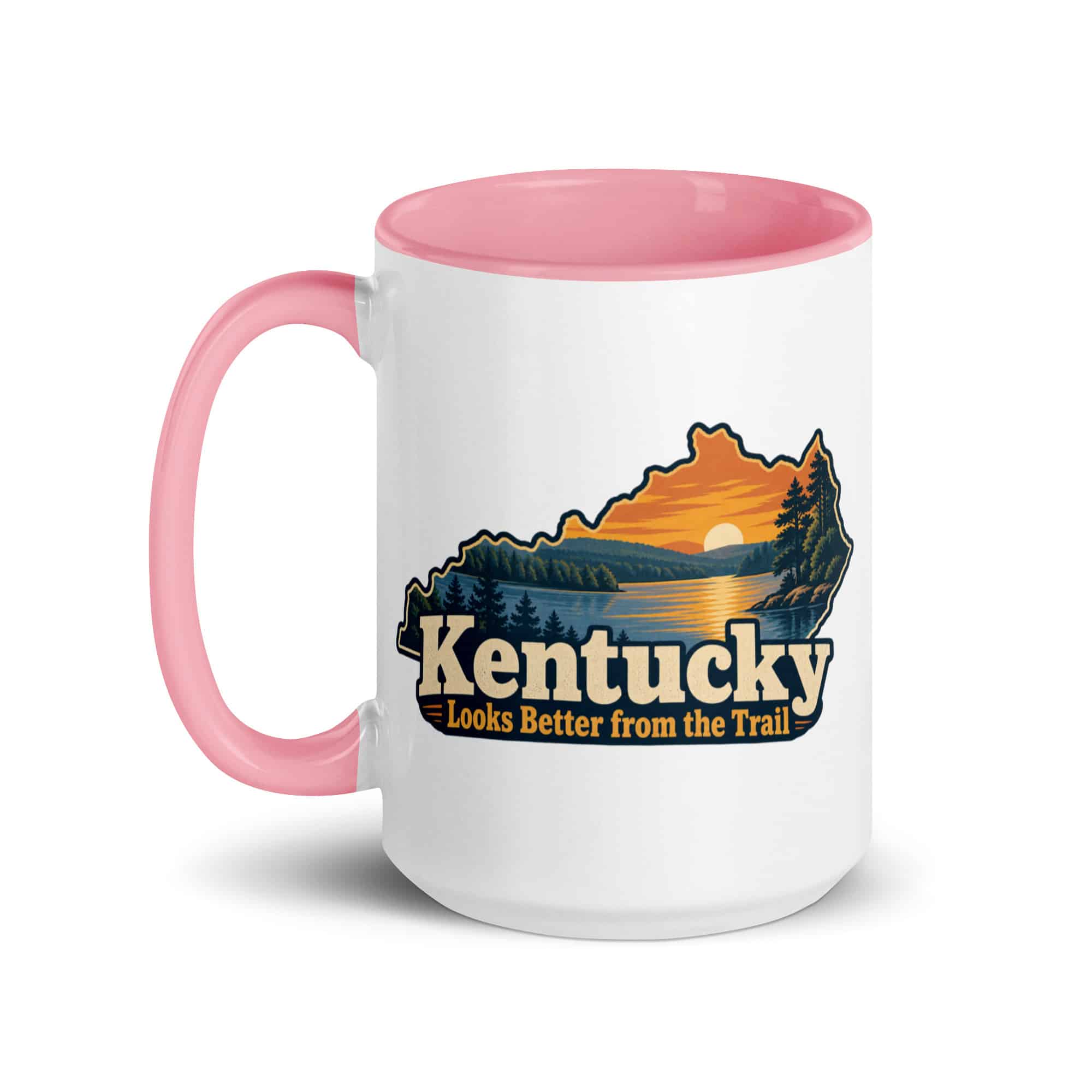 Kentucky Color Inside Coffee Mug: Lake with wooded shoreline, Colorful Kentucky Silhouette