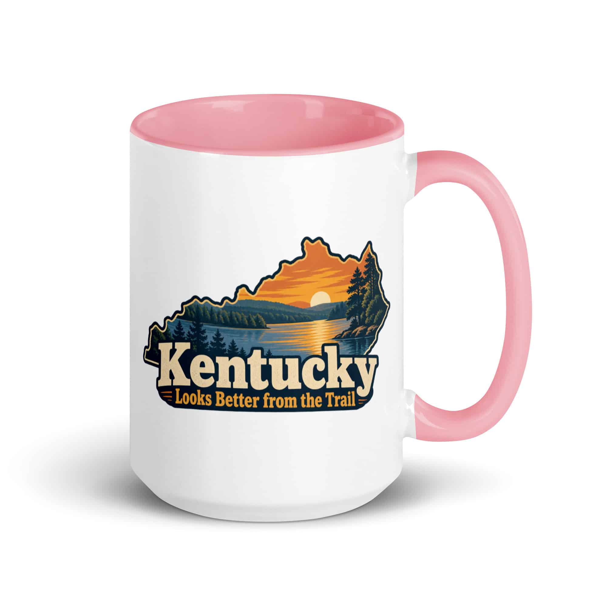 Kentucky Color Inside Coffee Mug: Lake with wooded shoreline, Colorful Kentucky Silhouette