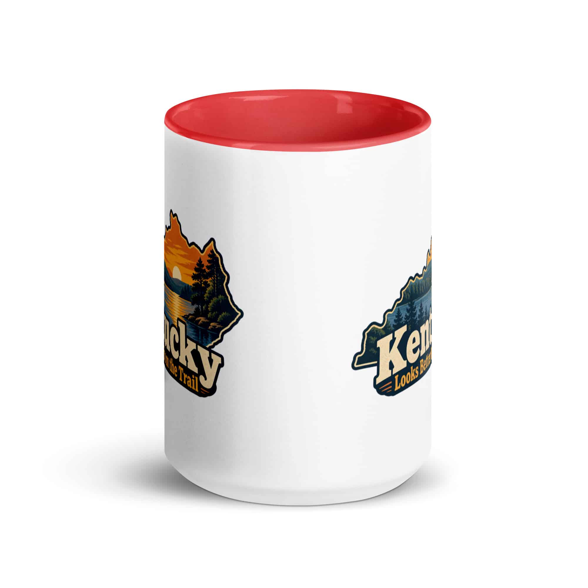 Kentucky Color Inside Coffee Mug: Lake with wooded shoreline, Colorful Kentucky Silhouette
