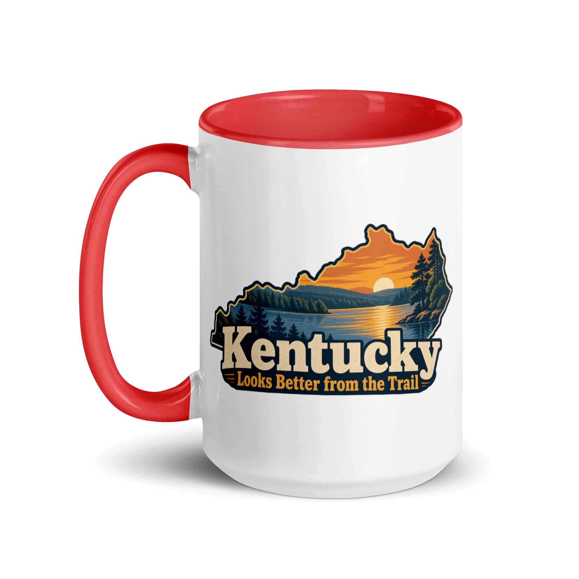 Kentucky Color Inside Coffee Mug: Lake with wooded shoreline, Colorful Kentucky Silhouette