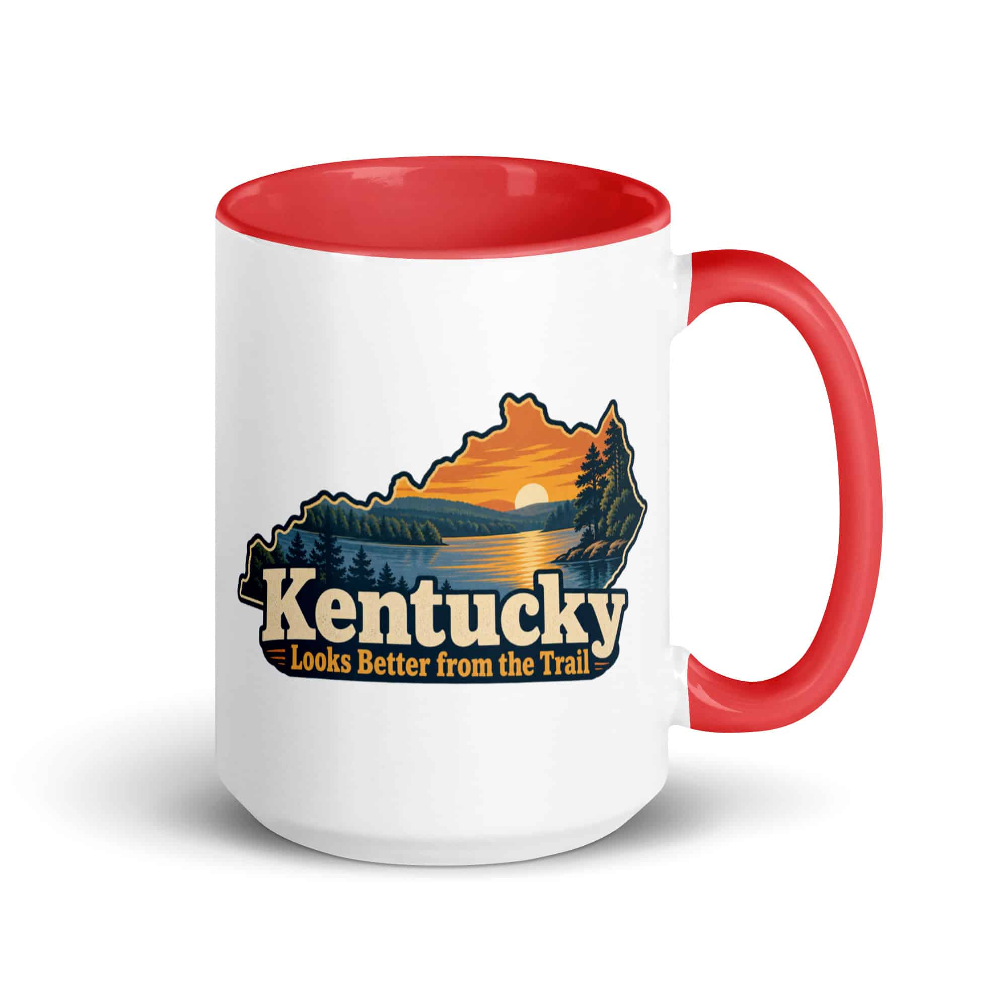 Kentucky Color Inside Coffee Mug: Lake with wooded shoreline, Colorful Kentucky Silhouette